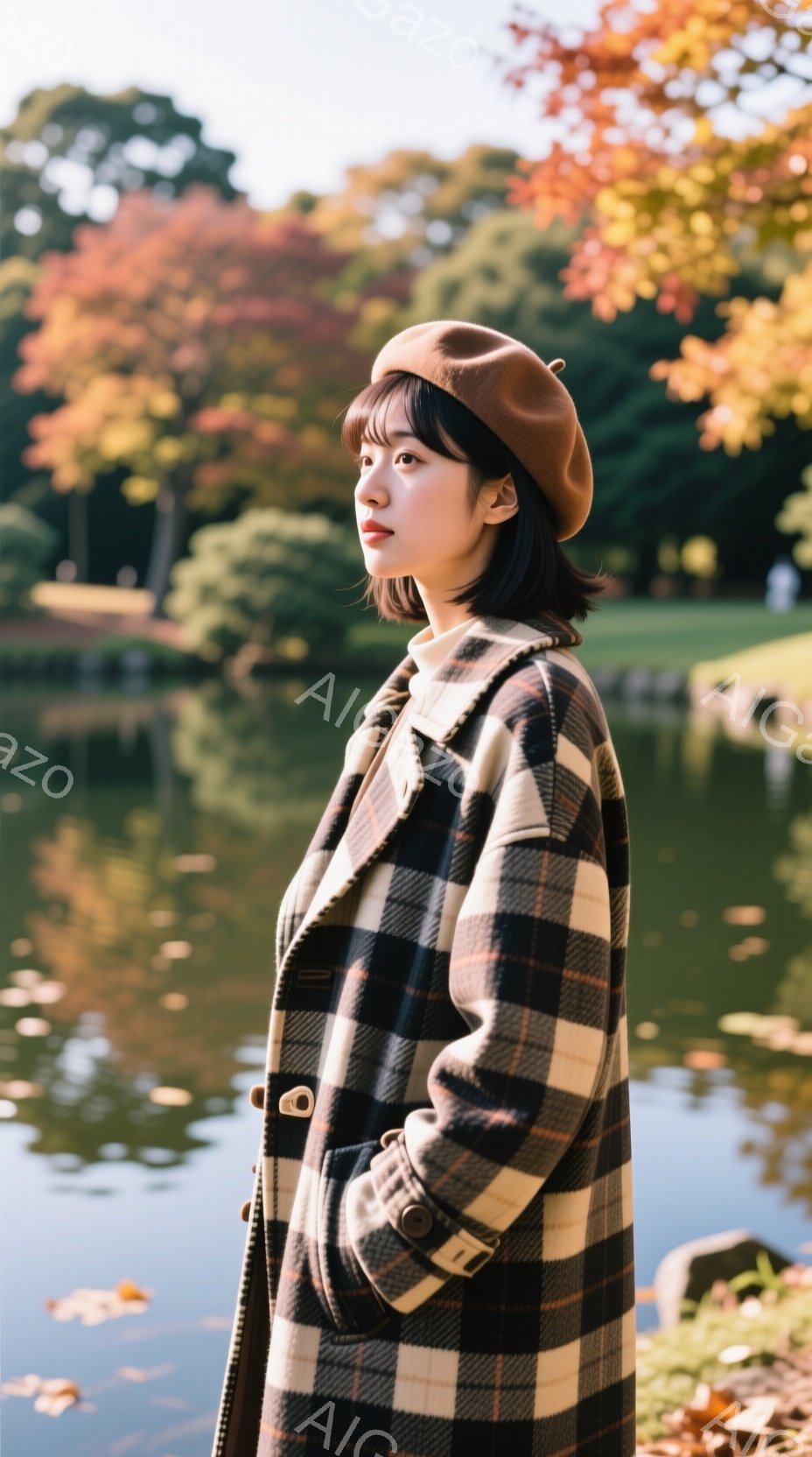 モデルはチェック柄のオーバーサイズコートとベレー帽を着用し、少し横を向いて立っている。彼女の表情は穏やかで、どこか物憂げな雰囲気を漂わせている。背景には緑豊かな自然と水面が広がり、秋らしい穏やかな光が - AI生成フリー素材