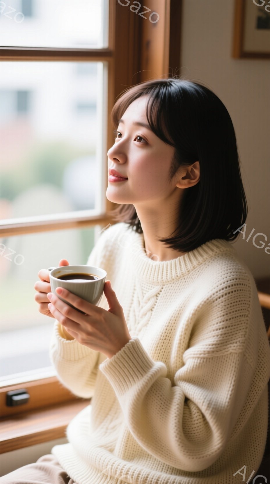明るい色のニットセーターを着た若い女性が、窓辺で温かい飲み物を手にしています。彼女は少し上を見つめ、穏やかで物思いにふける表情をしています。背景には建物が見え、柔らかい光が差し込み、全体的に穏やかでリ - AI生成フリー素材
