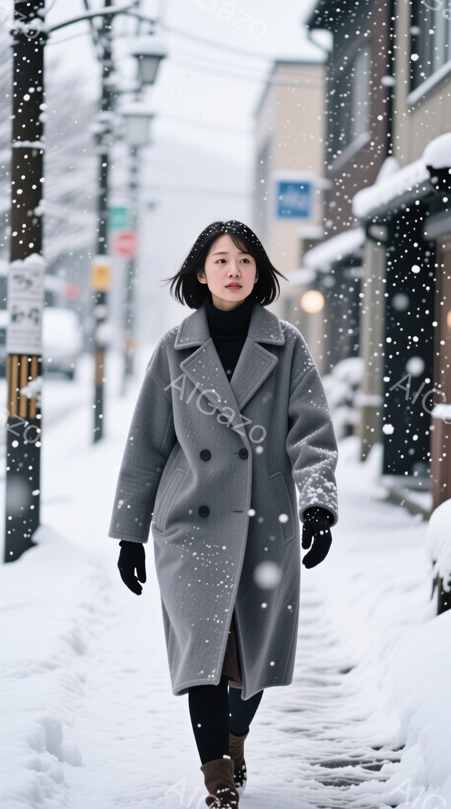 画像には、雪が降る街路を歩く女性が写っています。彼女はグレーのオーバーサイズコート、黒いレギンス、茶色のブーツを着用し、黒い手袋をはめています。女性は前を見据え、やや無表情で、冬の静けさの中に佇む姿が印象的です。