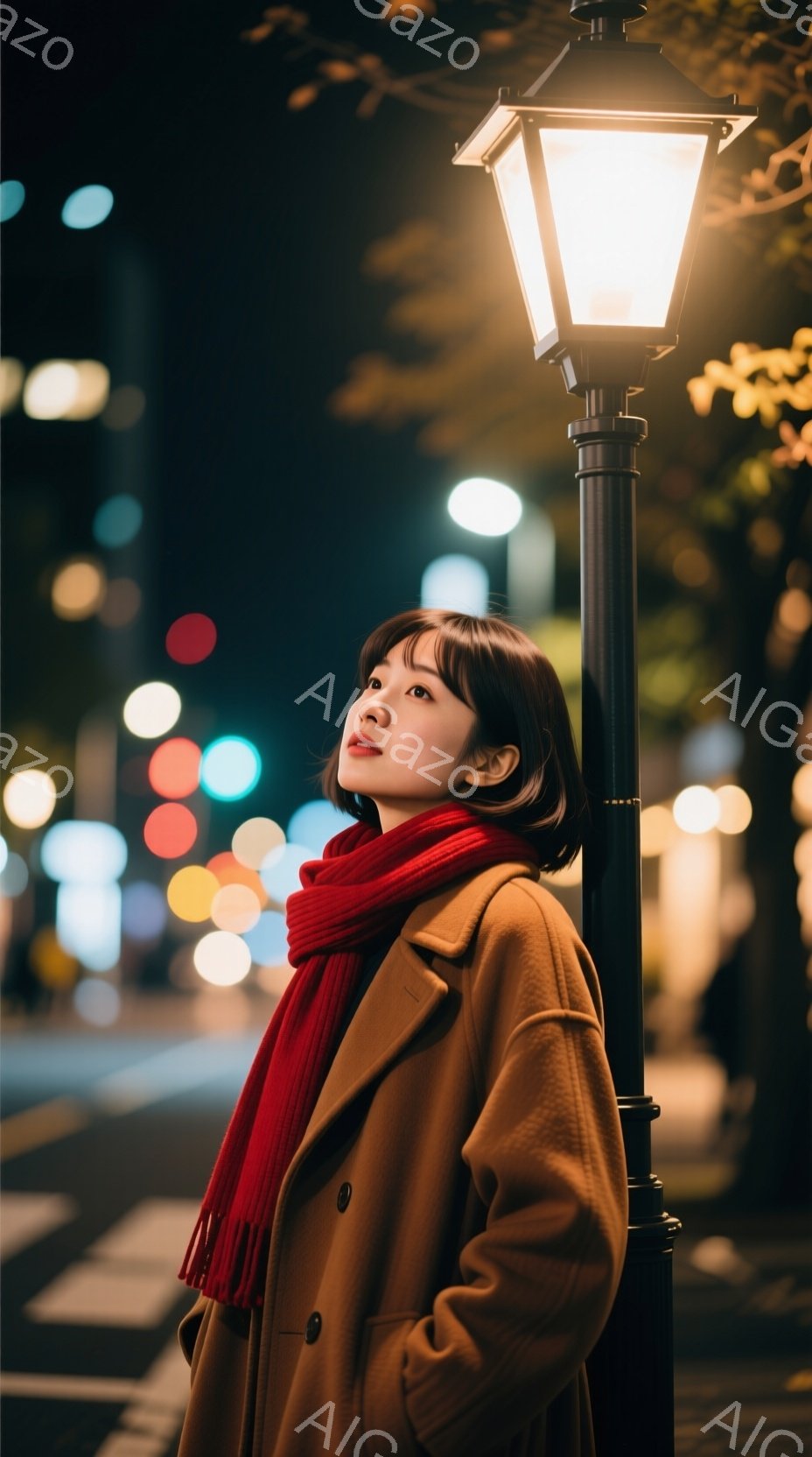 茶色のコートと赤いマフラーを巻いた女性が、夜の街で上を見ている。彼女は黒髪のボブスタイルで、少し微笑んでいる表情をしている。背景には、ぼやけた街灯と道路、そして暗い建物が見え、冬の夜の静かで穏やかな雰囲気が漂っている。