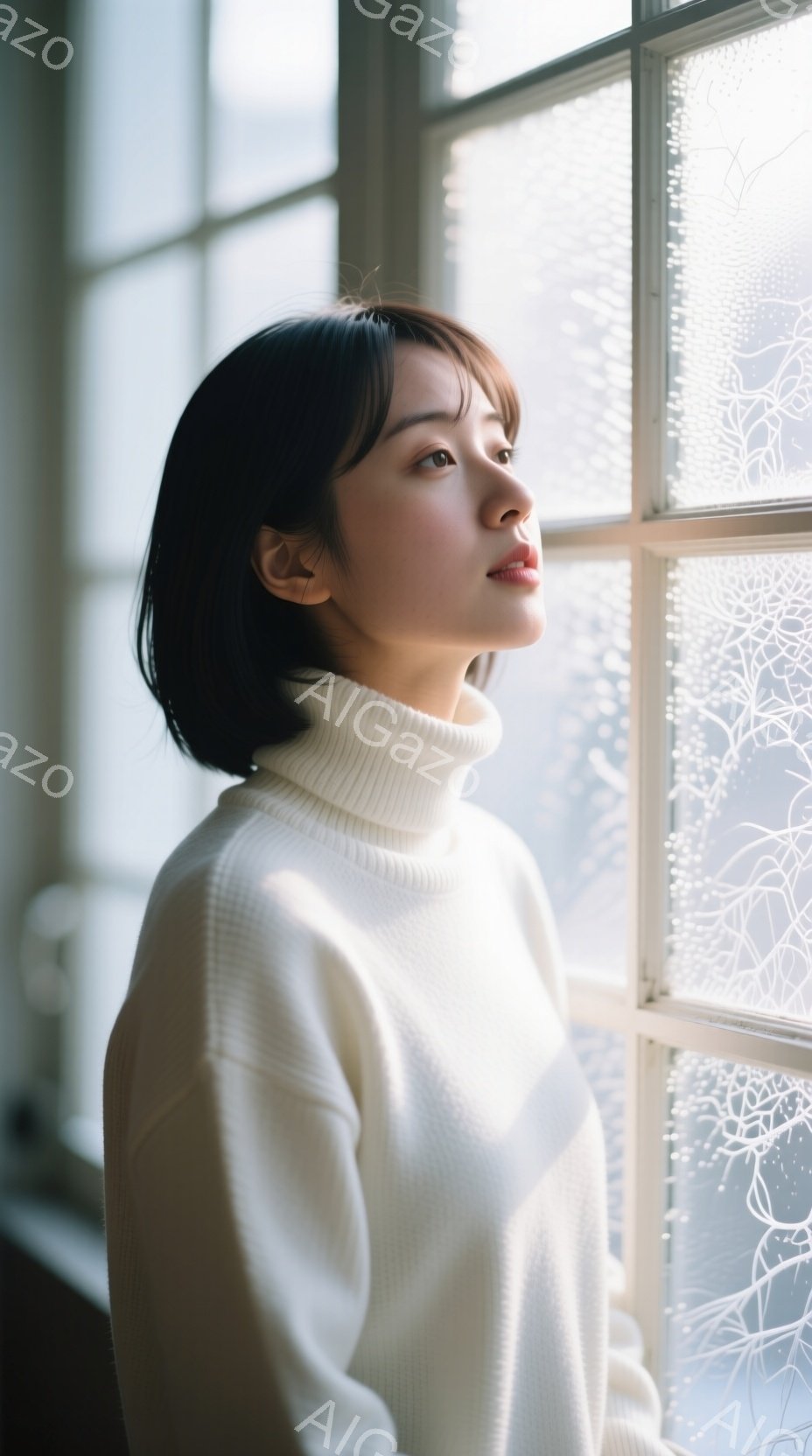 モデルは白いタートルネックセーターを着て、少し上を見ている。彼女の髪は短く、前髪が眉毛にかかるようにカットされており、表情は穏やかでどこか物憂げだ。背景には、装飾的な模様が施された窓があり、柔らかい光が差し込んでいる。