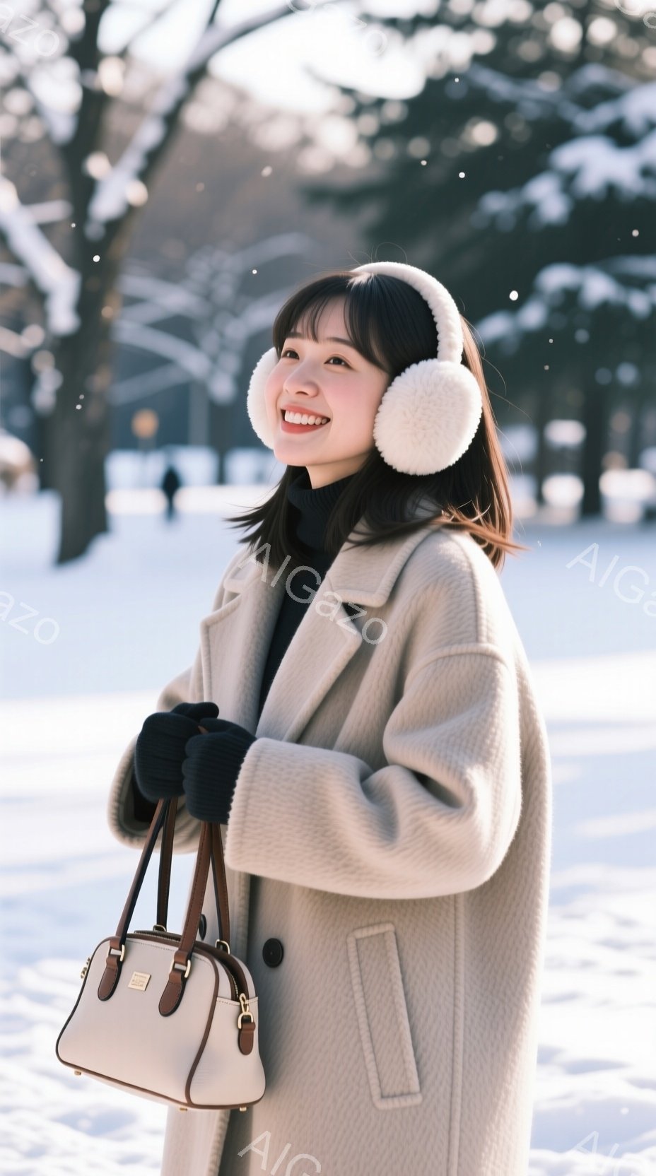 明るい笑顔の女性が、白い冬の風景の中に立っています。彼女はクリーム色のコート、黒い手袋、ふわふわの白いイヤーマフを着用し、肩にかけて白いハンドバッグを持っています。背景には雪に覆われた木々と、ぼんやり - AI生成フリー素材