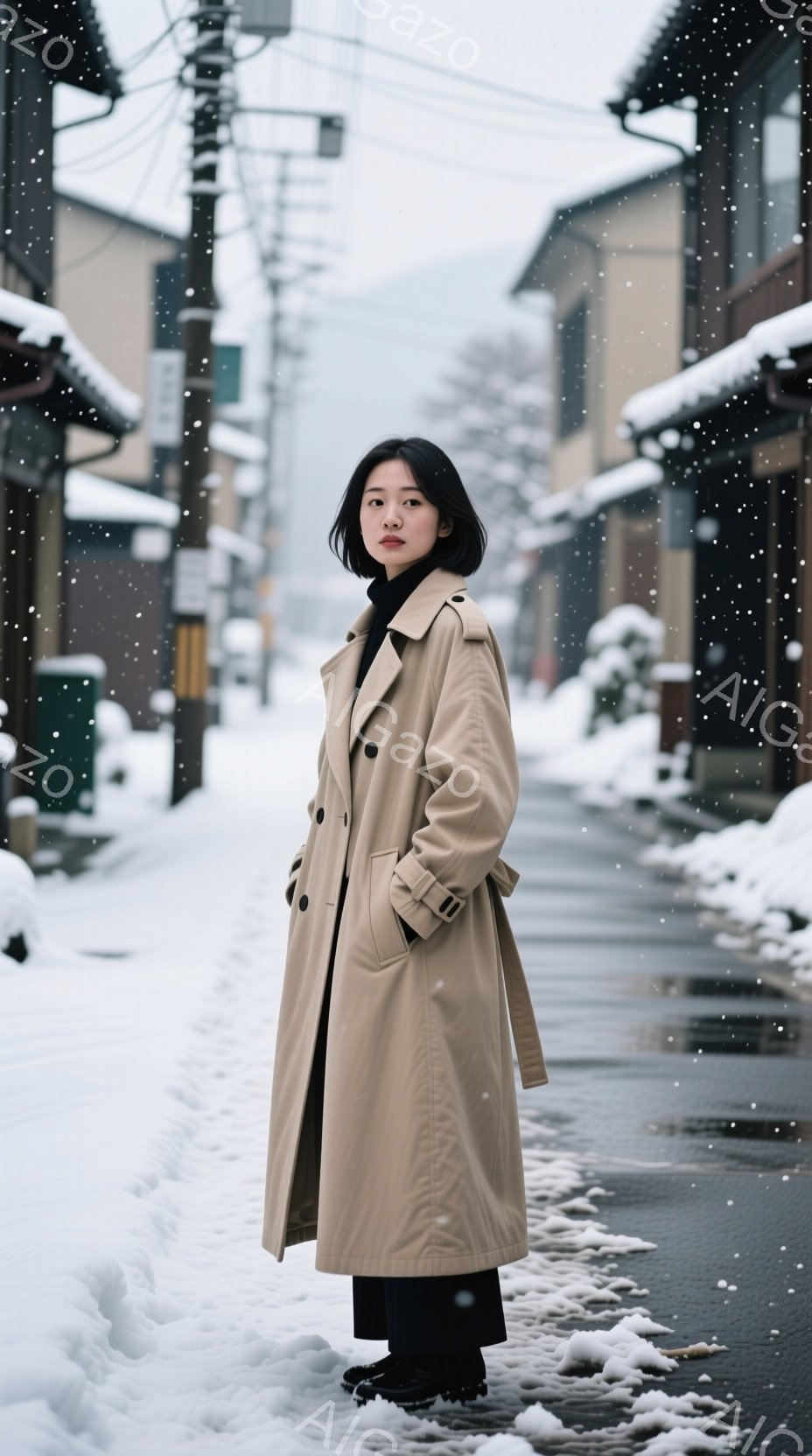 画像には、ベージュ色のトレンチコートを着た若い女性が写っています。彼女は黒い髪を短く切り揃え、落ち着いた表情でカメラを見ています。背景は雪に覆われた古い街並みで、建物は伝統的な日本の建築様式で、雪景色が静かで冬の雰囲気を醸し出しています。