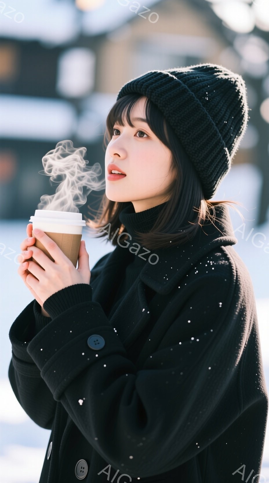 黒いニット帽と黒いコートを着た若い女性が、湯気を上げる紙コップの飲み物を手に持っています。彼女は少し顔を傾け、何かを考え込んでいるような表情をしています。背景には雪が舞う冬の景色が広がり、建物がぼんやりと見えます。