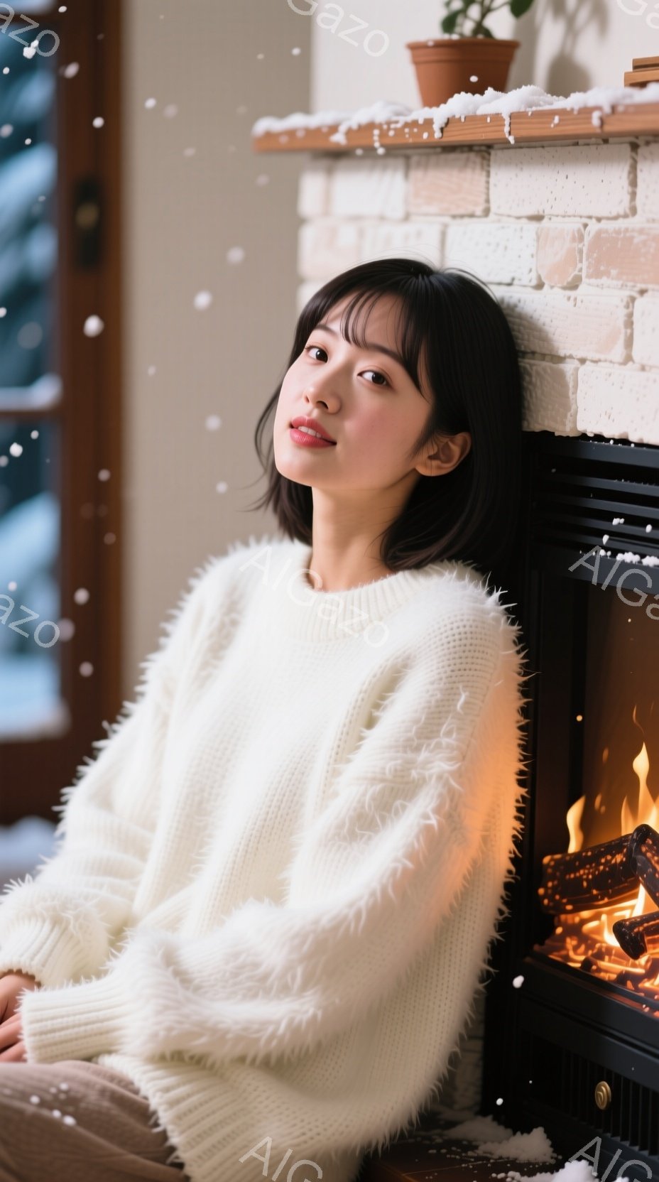 長い黒髪で、前髪が少しだけ顔にかかっている女性が、オフホワイトのふわふわしたセーターを着ています。彼女はリラックスした姿勢で座り、わずかに微笑んでおり、暖炉のそばで穏やかな時間を過ごしているようです。背景にはレンガ造りの暖炉と、窓の外に雪が降る冬の風景が見え、温かく穏やかな雰囲気が漂っています。