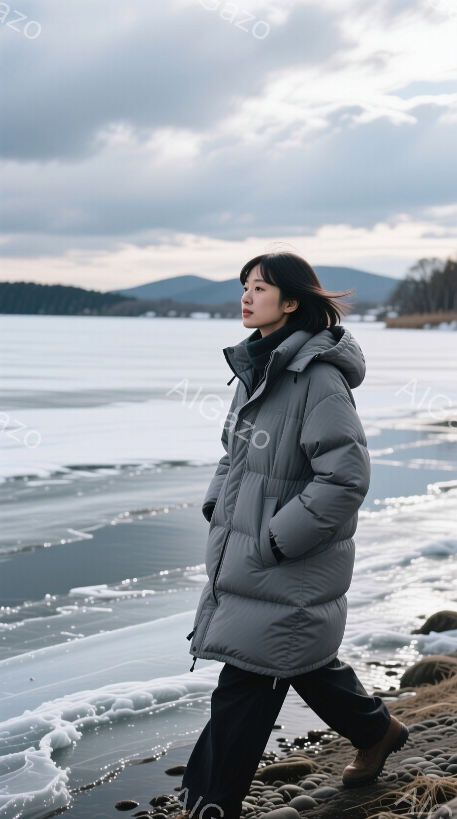 厚手のダウンジャケットを着た女性が、凍った湖の岸辺を歩いている。彼女は黒いズボンとブーツを履き、髪は肩のあたりで軽くウェーブしている。背景には、灰色の空の下に霞んだ山々が広がり、全体的に静かで寒々とした雰囲気が漂っている。