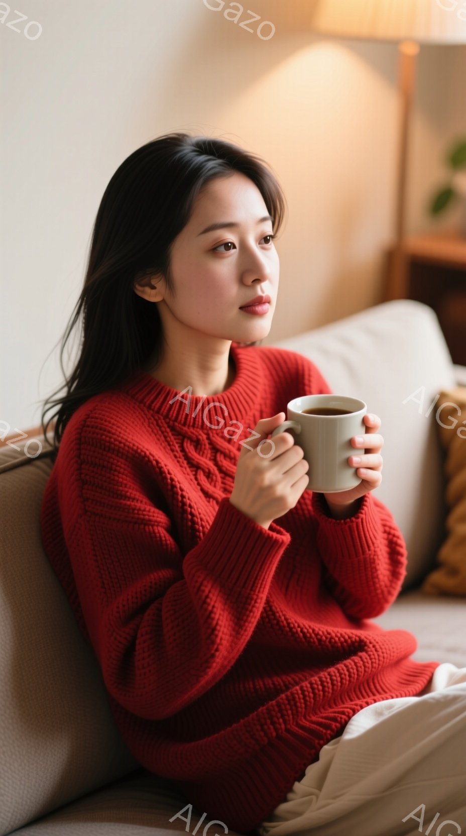 赤いケーブルニットセーターを着た女性が、ベージュのソファに座って白いズボンを履いています。彼女は片手にマグカップを持ち、少し横を向いて物思いにふけるような表情をしています。背景には暖色系の照明と、ぼやけた家具が見え、温かく穏やかな雰囲気が漂っています。