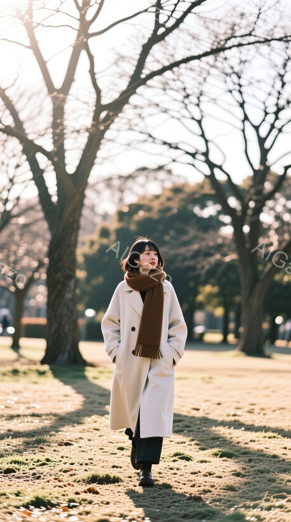 白いロングコートにオレンジ色のマフラーを巻いた女性が、緑の芝生の上を歩いている。彼女は黒いパンツと靴を履き、前を向いて少し微笑んでいるように見える。背景には、葉の落ちた木々が並び、柔らかい日差しが降り注ぎ、穏やかで洗練された雰囲気を醸し出している。