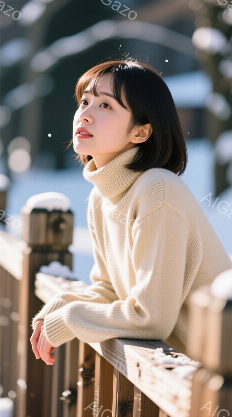 ショートヘアの女性が、ベージュ色のニットセーターを着て、木製の柵にもたれかかって外を眺めている。彼女は少し微笑んでおり、穏やかな表情をしている。背景には雪景色が広がり、冬の静寂な雰囲気が漂っている。