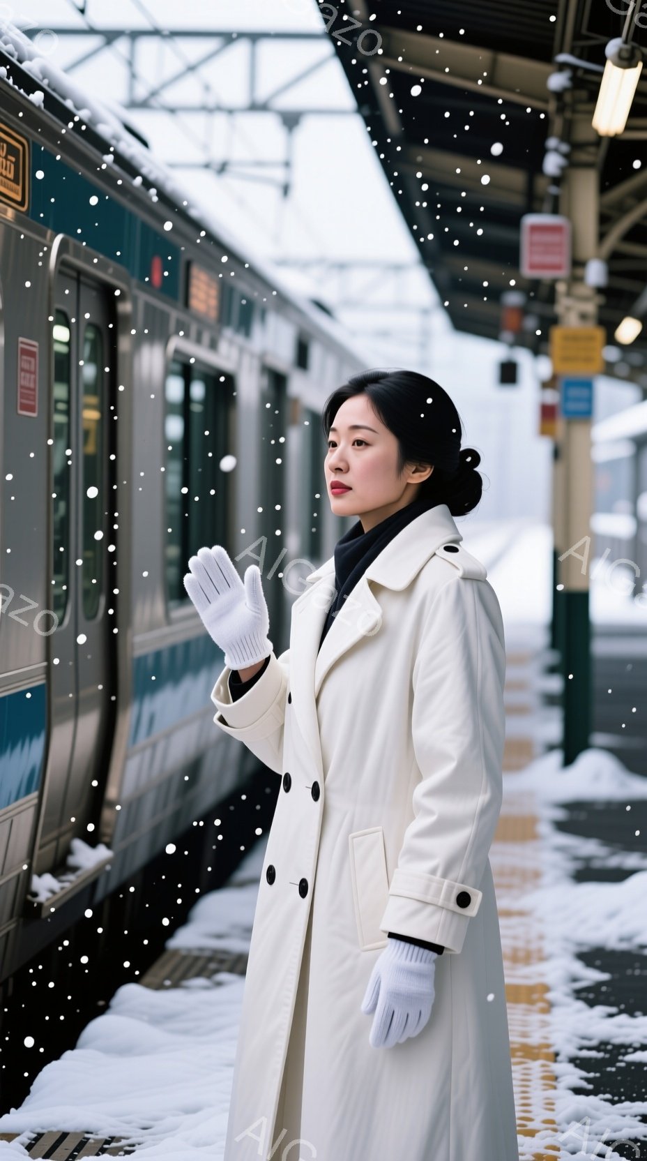 白いロングコートを着た女性が、雪が降るプラットフォームに立っている。彼女は黒いハイネックセーターを着ており、白い手袋をはめ、少し微笑んだ表情をしている。背景には雪に覆われた線路と列車が見え、冬の静かで穏やかな雰囲気が漂っている。