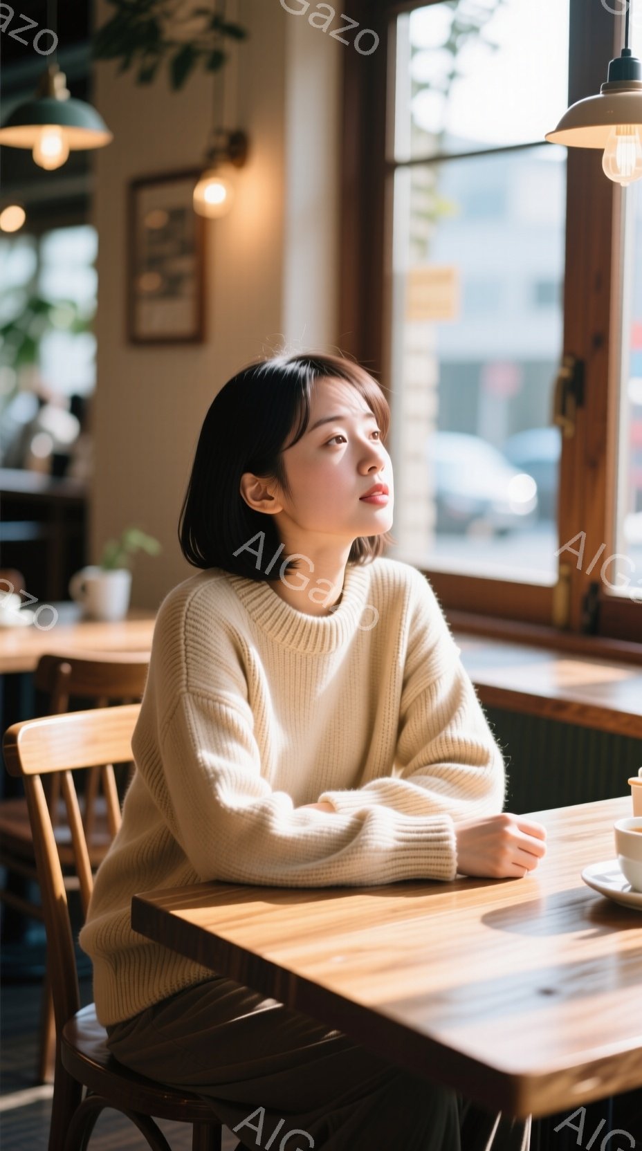 明るい色のセーターを着た若い女性が、窓際のテーブルに座って外を眺めている。彼女は短いダークブラウンの髪をしており、物憂げな表情で少し上を見つめている。背景にはカフェのインテリアと、ぼやけた街並みが確認でき、柔らかい光が差し込み、穏やかな雰囲気を醸し出している。