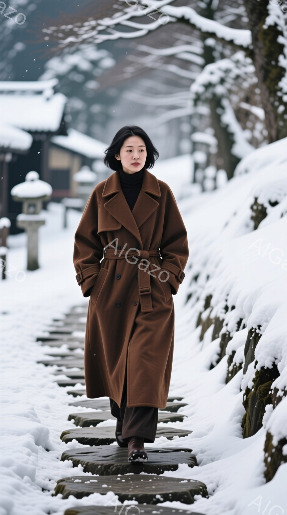 濃い茶色のオーバーコートを羽織った女性が、雪に覆われた石段を歩いている。彼女は黒髪のショートヘアで、表情は穏やかで少し物憂げだ。背景には雪景色が広がり、古い日本の建物と木製の柵が見え、冬の静寂と趣を感じさせる。