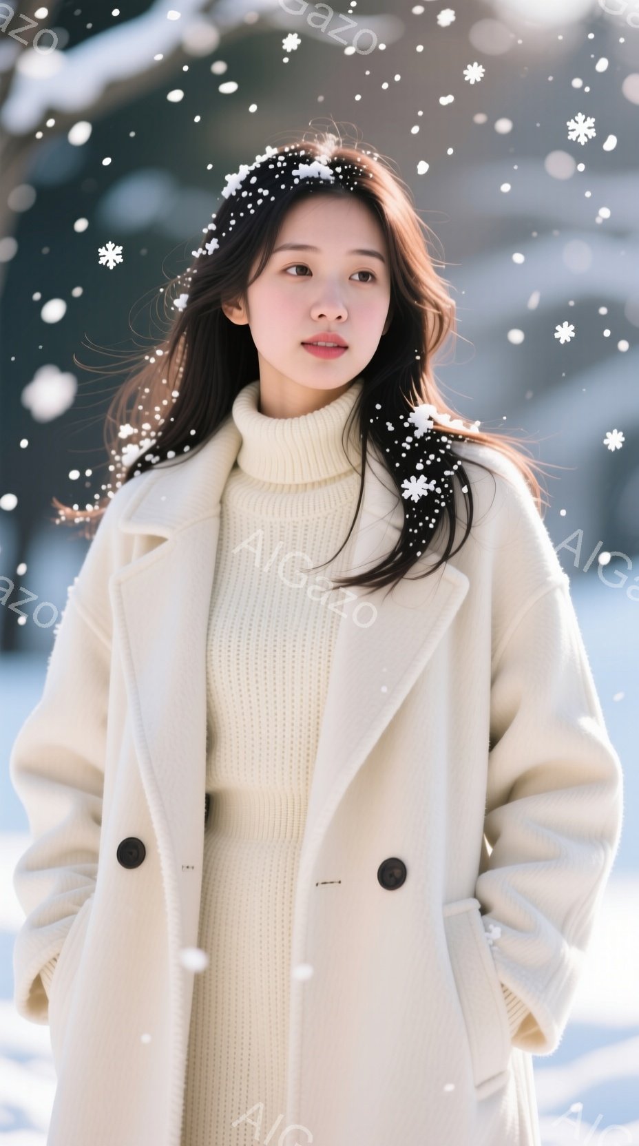長い黒髪を無造作に垂らし、クリーム色のケーブルニットセーターとオーバーサイズのコートを着た若い女性が写っています。彼女はわずかに微笑み、穏やかな表情でカメラを見つめています。背景は雪景色で、全体的に柔らかく、冬らしい温かい雰囲気が漂っています。