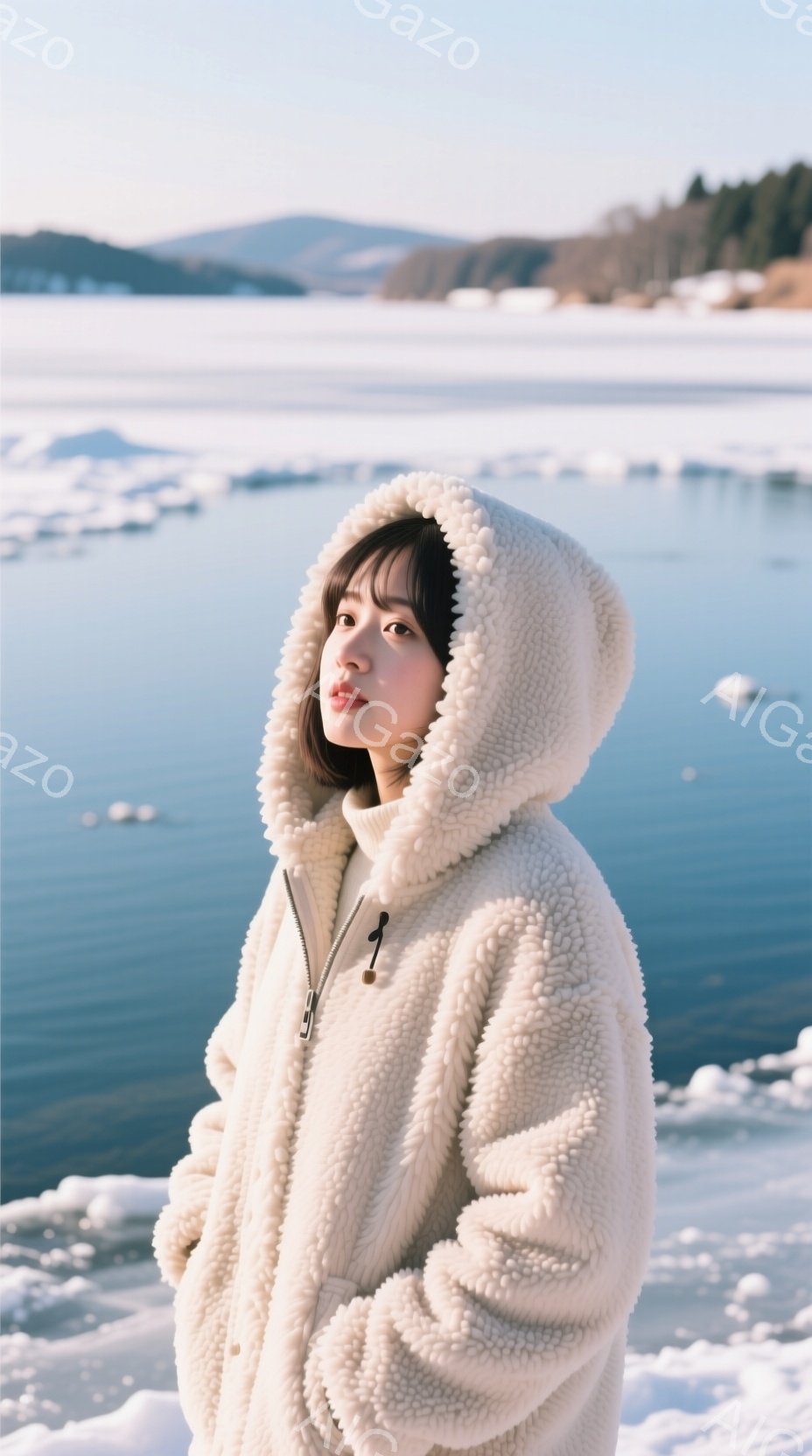 白いフリースジャケットを着て、フードを深く被った若い女性が写っている。彼女は少し横を向き、穏やかな表情で遠くを見つめている。背景には、氷に覆われた湖と、遠くに見える雪を抱いた山々が広がり、冬の静寂な雰囲気を醸し出している。