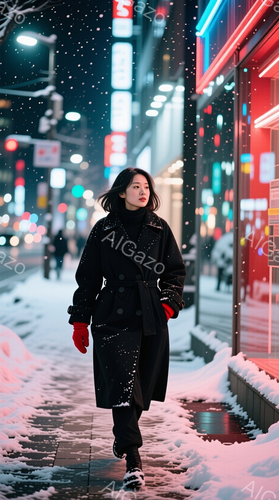 雪が舞う夜の街を、黒のロングコートを着た女性が歩いている。彼女は赤い手袋を着用し、少し微笑みながらこちらを見ている。背景にはネオンが輝く建物が並び、足元には雪が積もっているため、幻想的で少し寂しげな雰囲気である。
