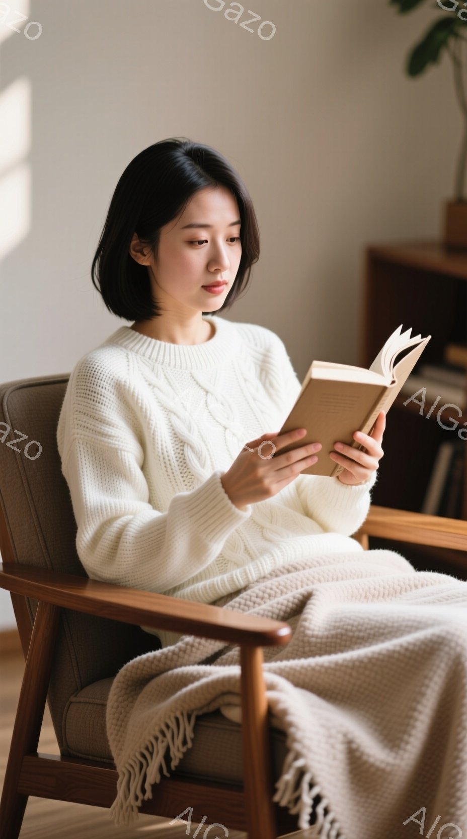明るい室内で、白いセーターを着た女性が椅子に座って本を読んでいます。彼女は黒髪のショートヘアで、穏やかな表情を浮かべており、リラックスした雰囲気が漂っています。背景には木製の家具が見え、全体的に暖かく落ち着いた空間が演出されています。