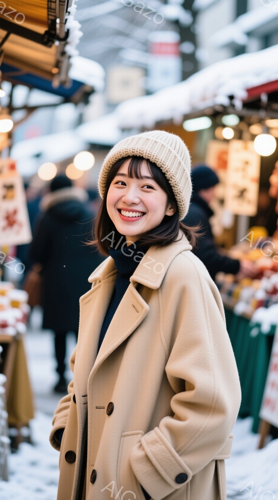 画像には、ベージュ色のニット帽とコートを着た若い女性が写っています。彼女は微笑んでおり、カメラの方を向いています。背景には、屋台が並び、多くの人が歩いている賑やかな市場の様子がうかがえ、雪が降っているようです。