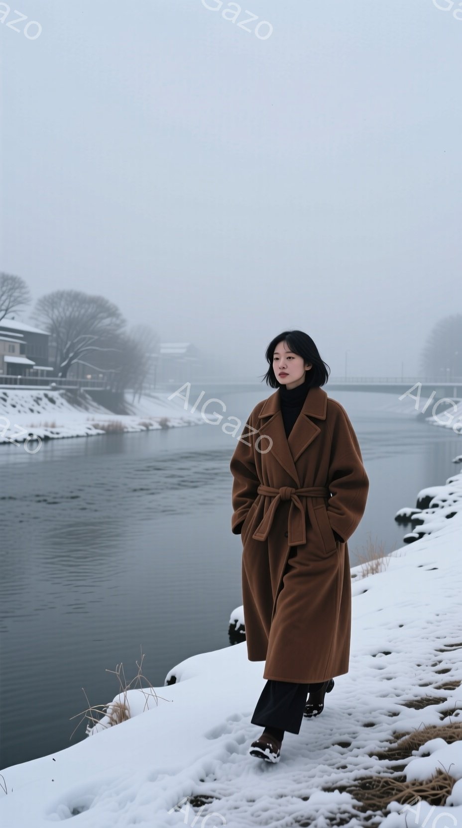 茶色のロングコートを着た女性が、雪に覆われた川沿いを歩いている。彼女は黒髪のショートボブで、少し憂いを帯びた表情をしている。背景には、霧に包まれた川と橋、そして冬の自然が広がっており、全体的に静かで寂しげな雰囲気を醸し出している。