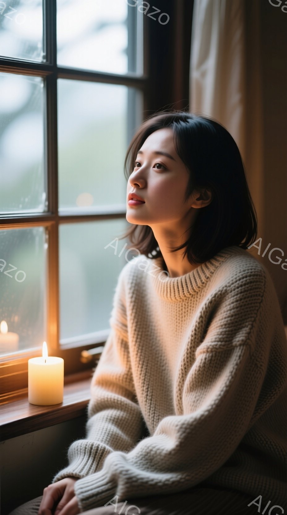 窓辺に座る女性は、オフホワイトのニットセーターを着ており、黒髪を肩の長さで切り揃えています。彼女は少し憂いを帯びた表情で遠くを見つめ、リラックスした姿勢で座っています。背景には雨の降る風景が見え、暖かい光が灯されたキャンドルが彼女の横に置かれ、静かで物憂げな雰囲気を醸し出しています。