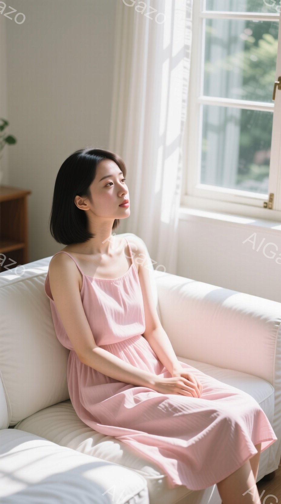 淡いピンク色のキャミソールワンピースを着た若い女性が、白いソファに座ってリラックスした表情で遠くを見つめている。彼女は黒髪で、髪は肩のあたりで切り揃えられている。背景には明るい光が差し込む窓と、ぼやけた家具が見え、全体的に穏やかで優しい雰囲気が漂っている。