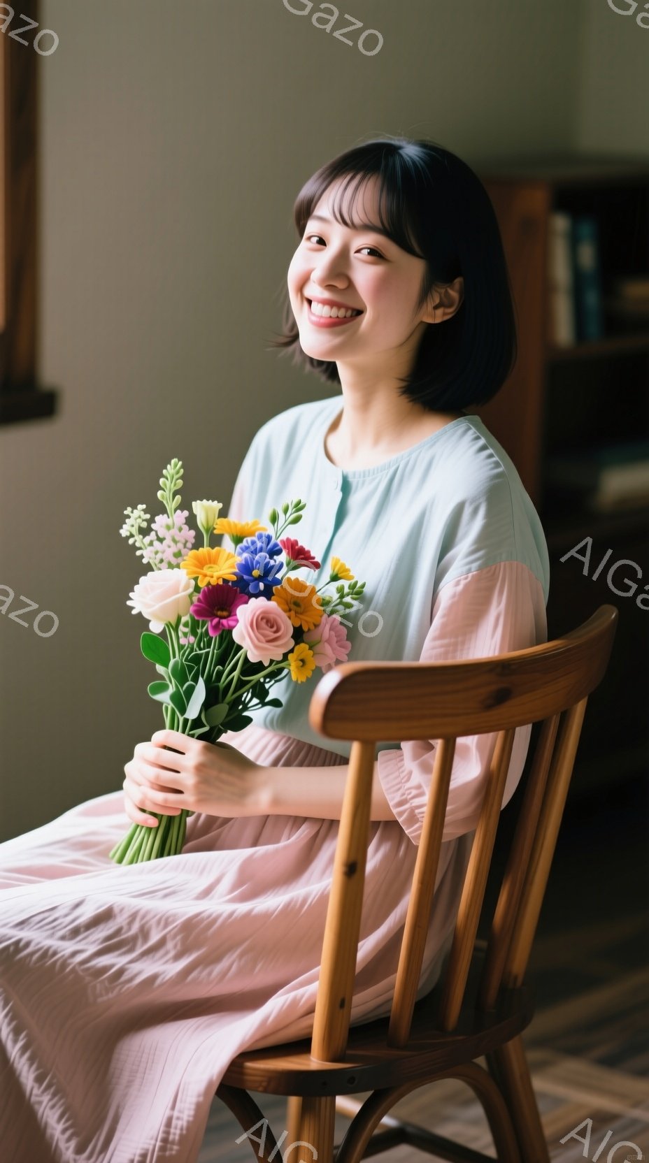 若い女性が椅子に座り、色とりどりの花束を抱えています。彼女は薄いピンクと水色のブロックカラーのトップスを着ており、前髪を下ろした短い髪型で、笑顔を見せています。背景には本棚が見え、室内で穏やかな雰囲気が漂っています。