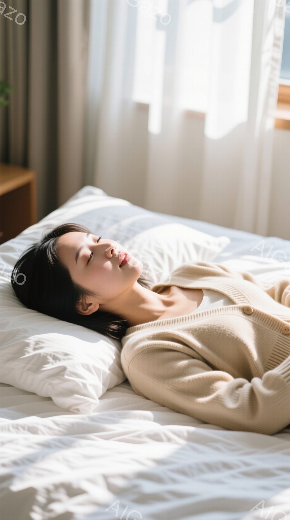 長い黒髪を広げ、ベージュ色のカーディガンを着た女性が白い枕の上で横たわっています。彼女は目を閉じ、穏やかでリラックスした表情をしています。背景にはぼやけた家具と、窓から差し込む柔らかい光が見え、全体的に静かで平和な雰囲気が漂っています。