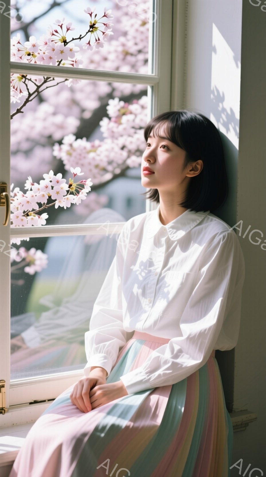 窓辺に座る若い女性は、白いシャツとパステルカラーのプリーツスカートを身につけています。彼女は黒髪で、少し微笑みをたたえた表情で、遠くを見つめています。背景には桜の木が咲き誇り、春の穏やかで優しい雰囲気を醸し出しています。