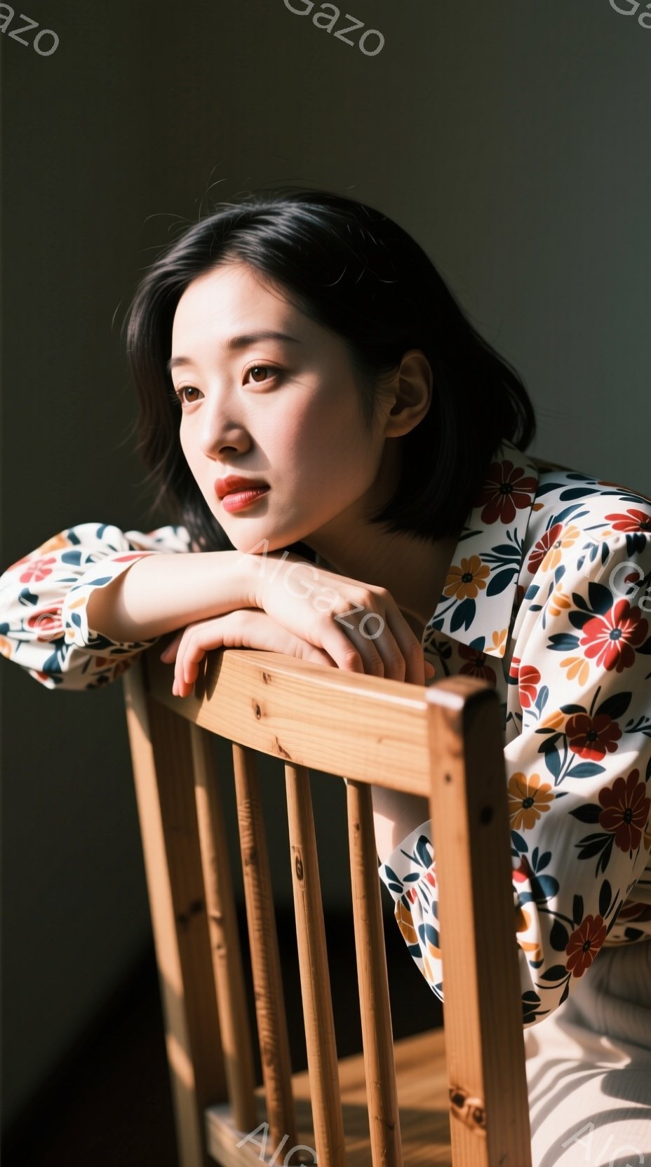 ショートヘアの女性が、背もたれに肘をついて座っています。白い地に赤や黄色の花柄のブラウスを着ており、少し物憂げな表情をしています。背景は暗く、室内であると推測され、全体的に落ち着いた雰囲気が漂っています。