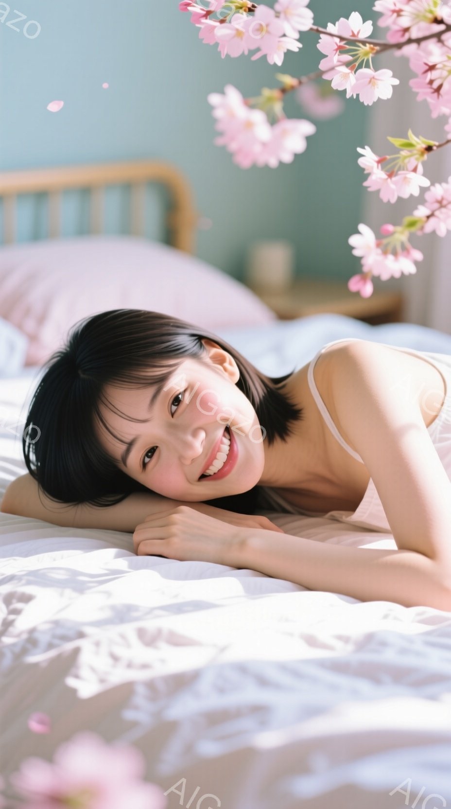 黒髪の女性がベッドに横たわり、片手を頬に当てて微笑んでいます。白いタンクトップを着ており、柔らかい光が彼女を包み込み、春らしい雰囲気を作り出しています。背景には淡いピンク色の桜の花びらが舞い、優雅で穏 - AI生成フリー素材