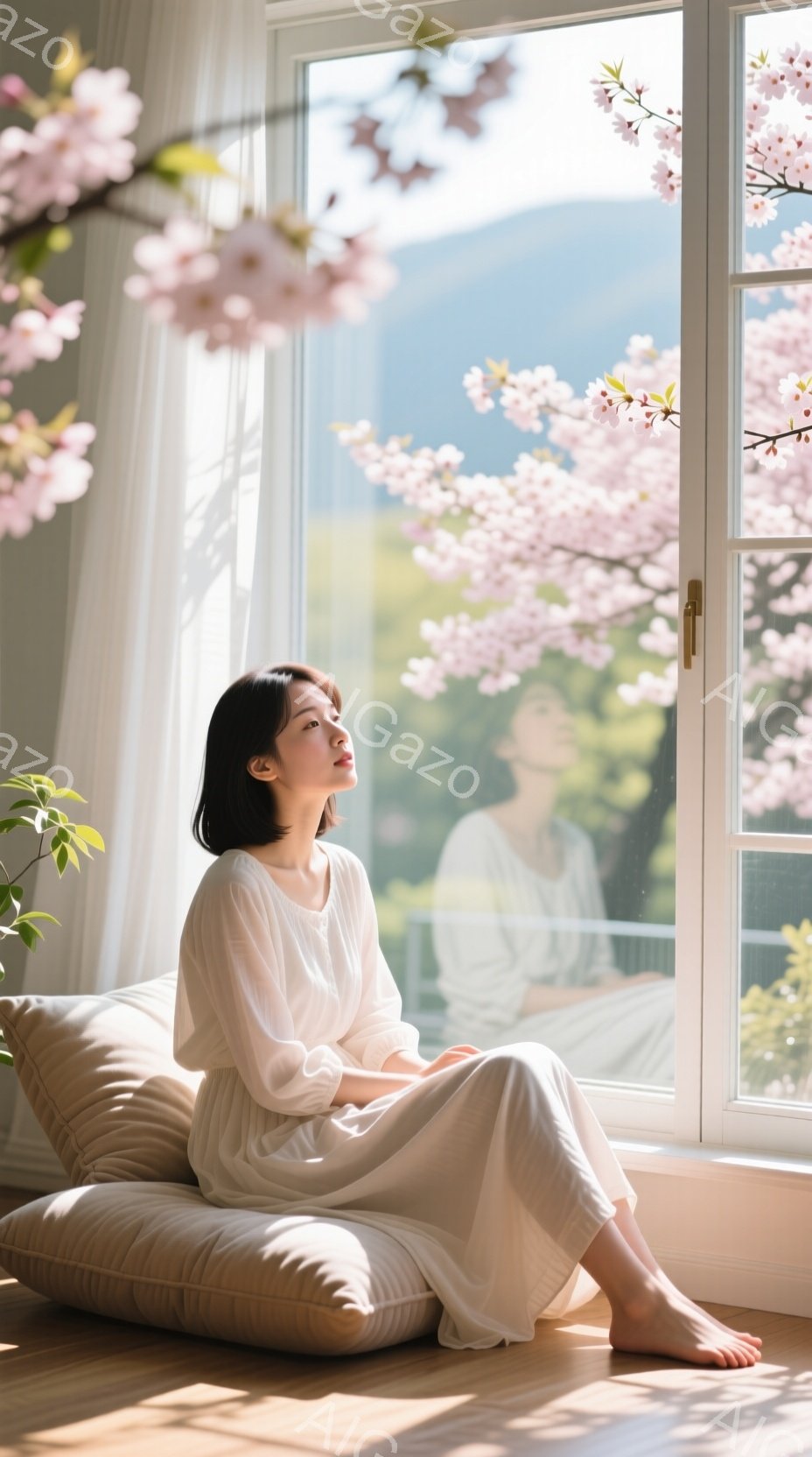 白いワンピースを着た女性が、畳の上に座り、窓の外を眺めている。彼女は黒髪で、少し微笑んでいるように見える穏やかな表情をしている。窓の外には桜の木が咲き誇り、春の穏やかな日差しが差し込んでいる。 - AI生成フリー素材