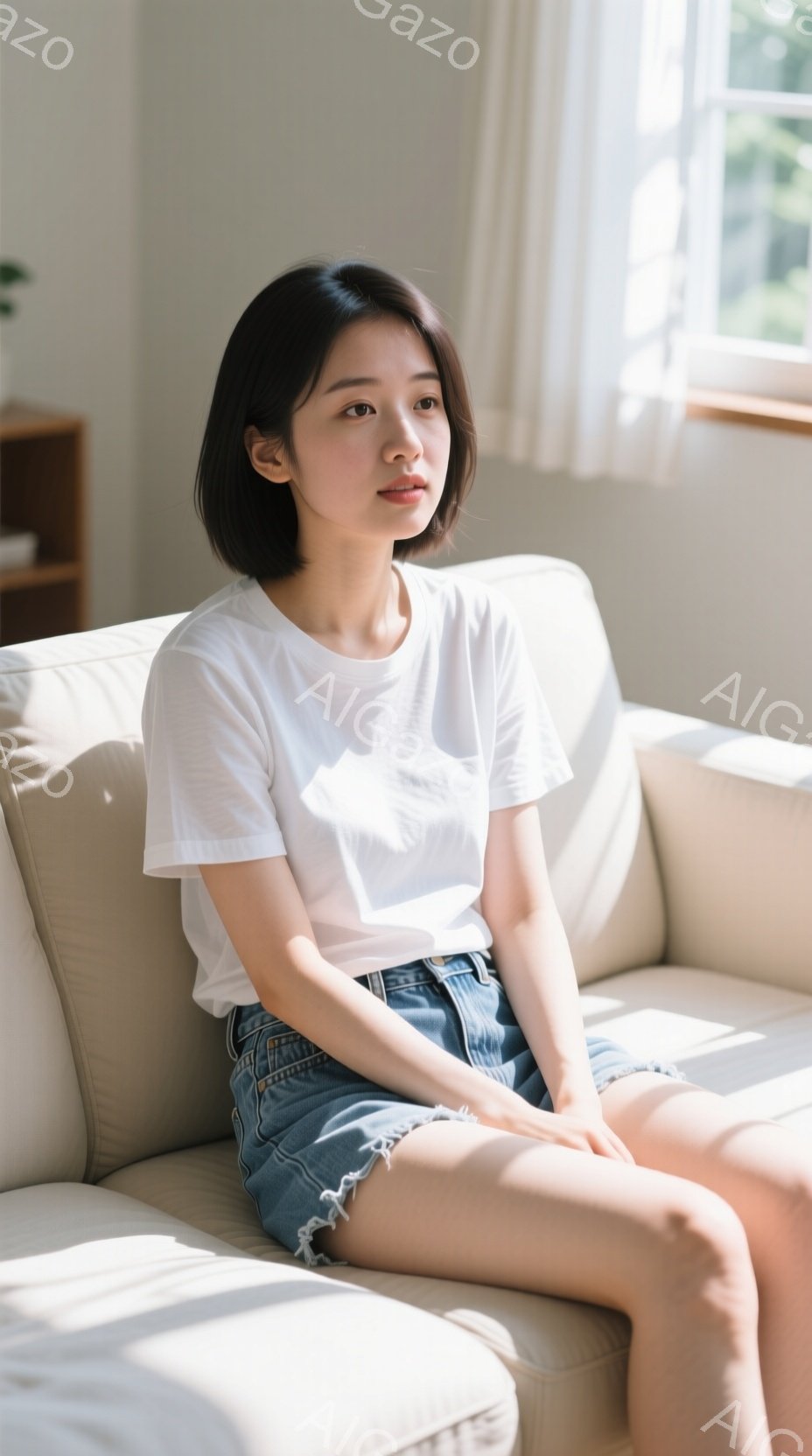ショートヘアの女性が、ベージュ色のソファに座って少し横を向いています。白いTシャツとデニムのショートパンツというカジュアルな服装で、表情は穏やかで物憂げです。窓から差し込む光が彼女を照らし、背景には家 - AI生成フリー素材