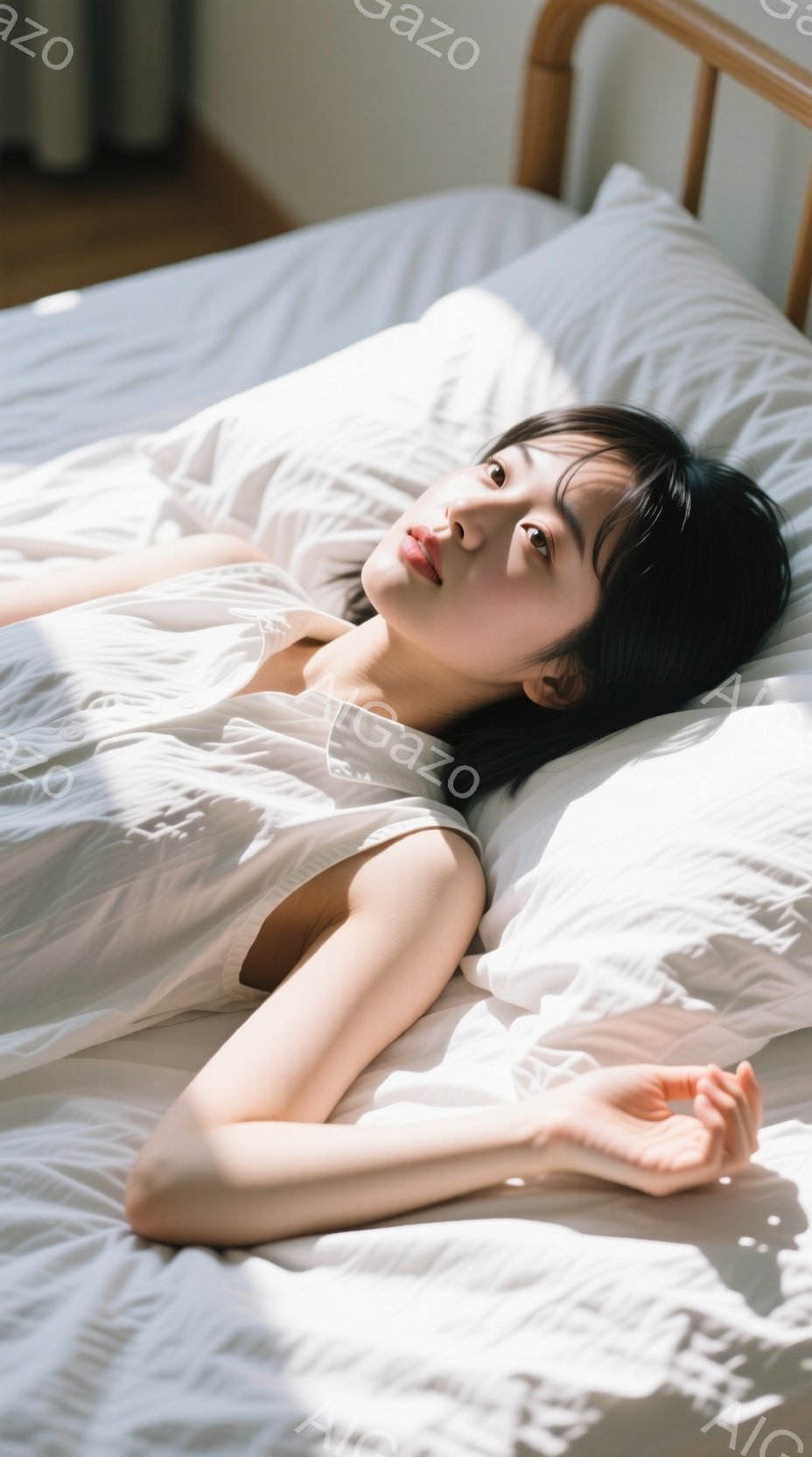 白い枕とシーツの上で、若い女性が横たわっています。彼女は白いシャツを着ており、黒髪は肩にかかる長さで、穏やかな表情を浮かべています。光が差し込む部屋の中で、リラックスした、静謐な雰囲気が漂っています。 - AI生成フリー素材