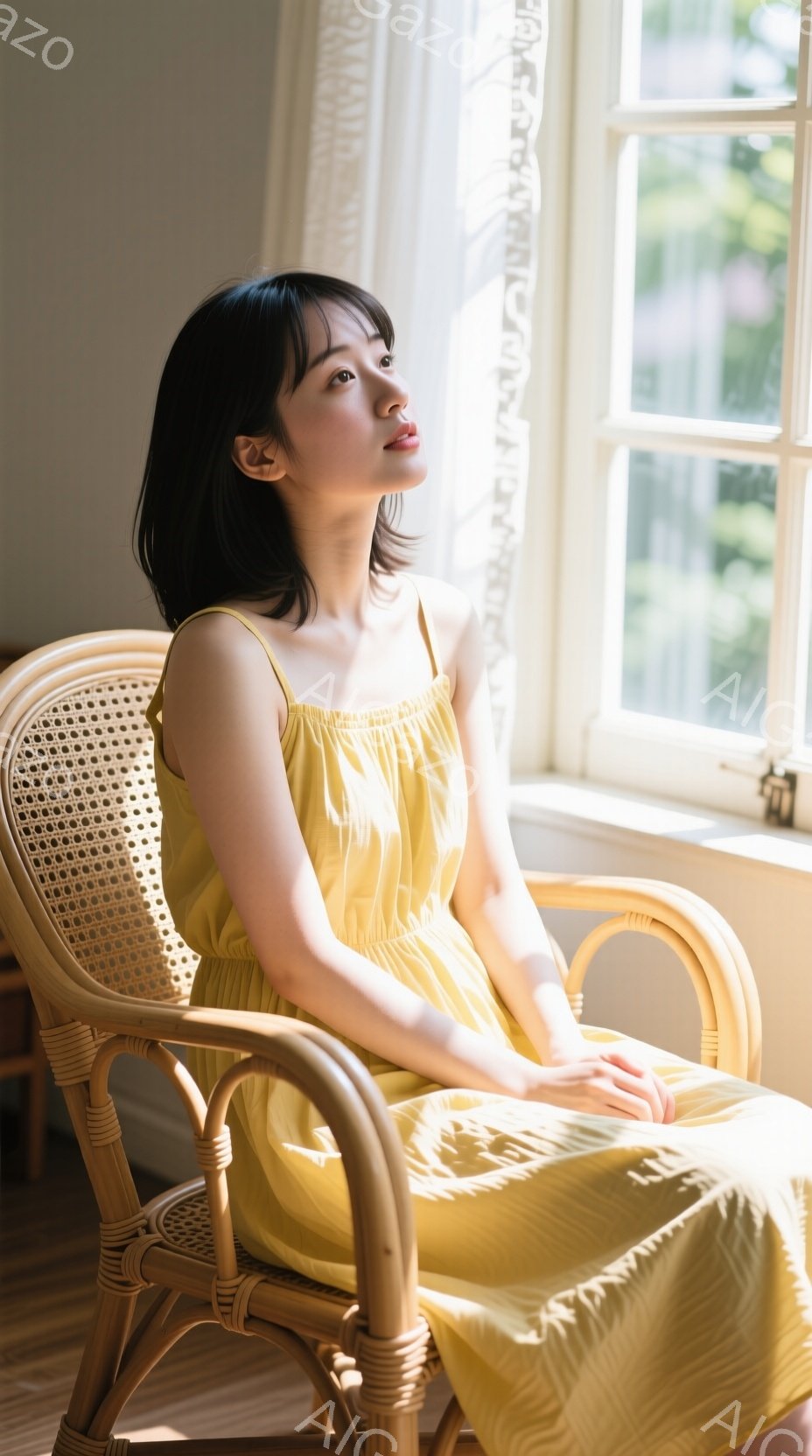 明るい黄色のワンピースを着た若い女性が、ラタン製の椅子に座って窓の外を見つめている。彼女は黒髪のショートボブで、穏やかな表情を浮かべている。窓からの光が彼女を照らし、部屋は暖かく、リラックスした雰囲気に包まれている。
