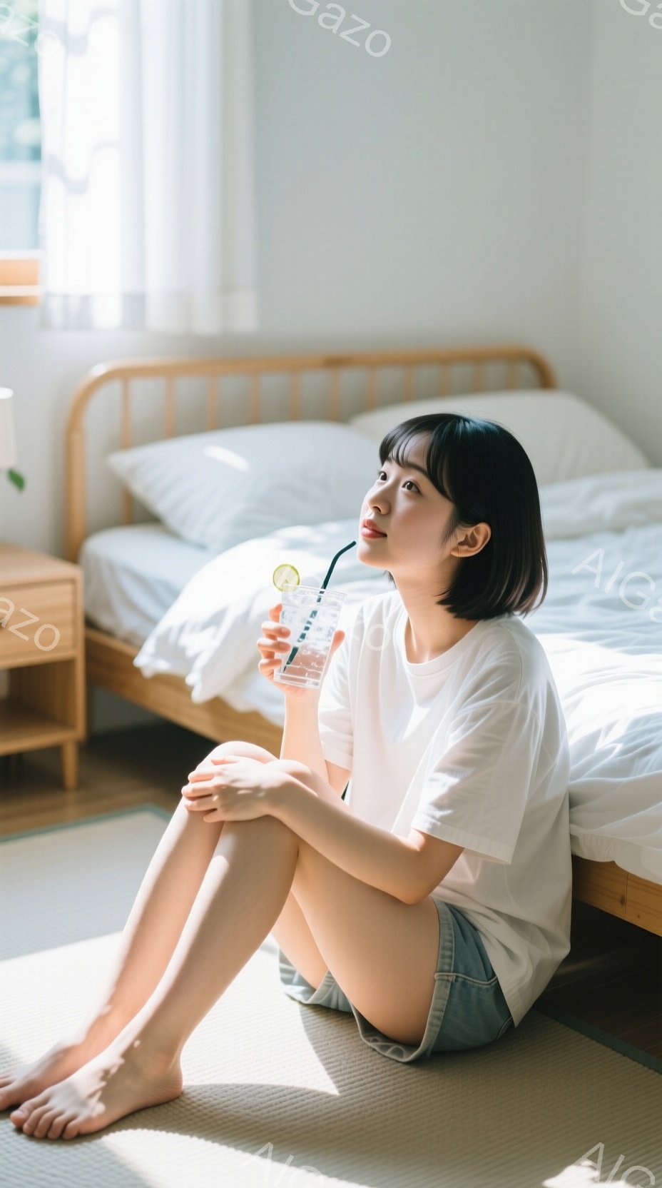 短い黒髪の女性が、白いTシャツと水色のショートパンツを着て、床に座っています。彼女は透明なグラスに入ったレモン水のような飲み物をストローで飲んでおり、少し上を見つめるような表情をしています。背景には白いベッドと木製のナイトテーブルがあり、明るく清潔感のある部屋の様子がうかがえます。