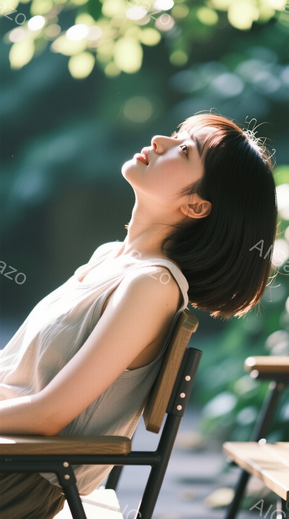 この女性は屋外の椅子に座り、顔を上に向けて太陽の光を浴びています。明るい色のタンクトップを着ており、髪は肩にかかる長さで、前髪が少しあります。背景には緑豊かな植物とぼやけたテーブルが見え、晴れた日の穏やかな雰囲気が漂っています。