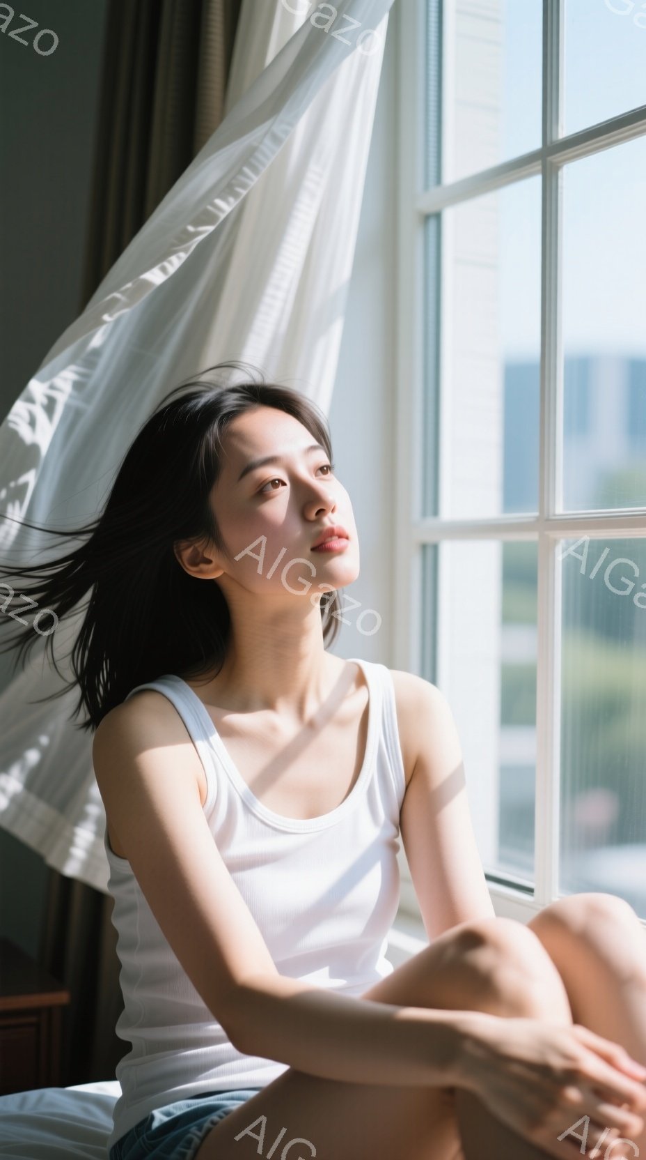 長い黒髪の女性が窓辺に座り、白いタンクトップと短パン姿で、顔を少し上げて穏やかな表情を浮かべている。窓から差し込む光が髪を照らし、部屋全体を明るく照らしている。背景には高層ビルが見え、晴れた日の穏やかな雰囲気を醸し出している。