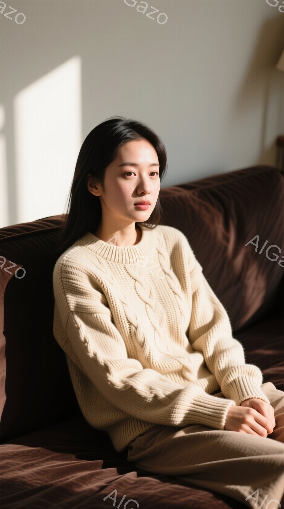 長い黒髪の女性が、ベージュ色のざっくり編みのセーターとパンツを身に着けて、茶色のソファに座っています。彼女は穏やかな表情で、少し先を見つめており、リラックスした姿勢で両手を重ねています。背景はぼかされており、室内であることがわかりますが、具体的な場所は特定できません。