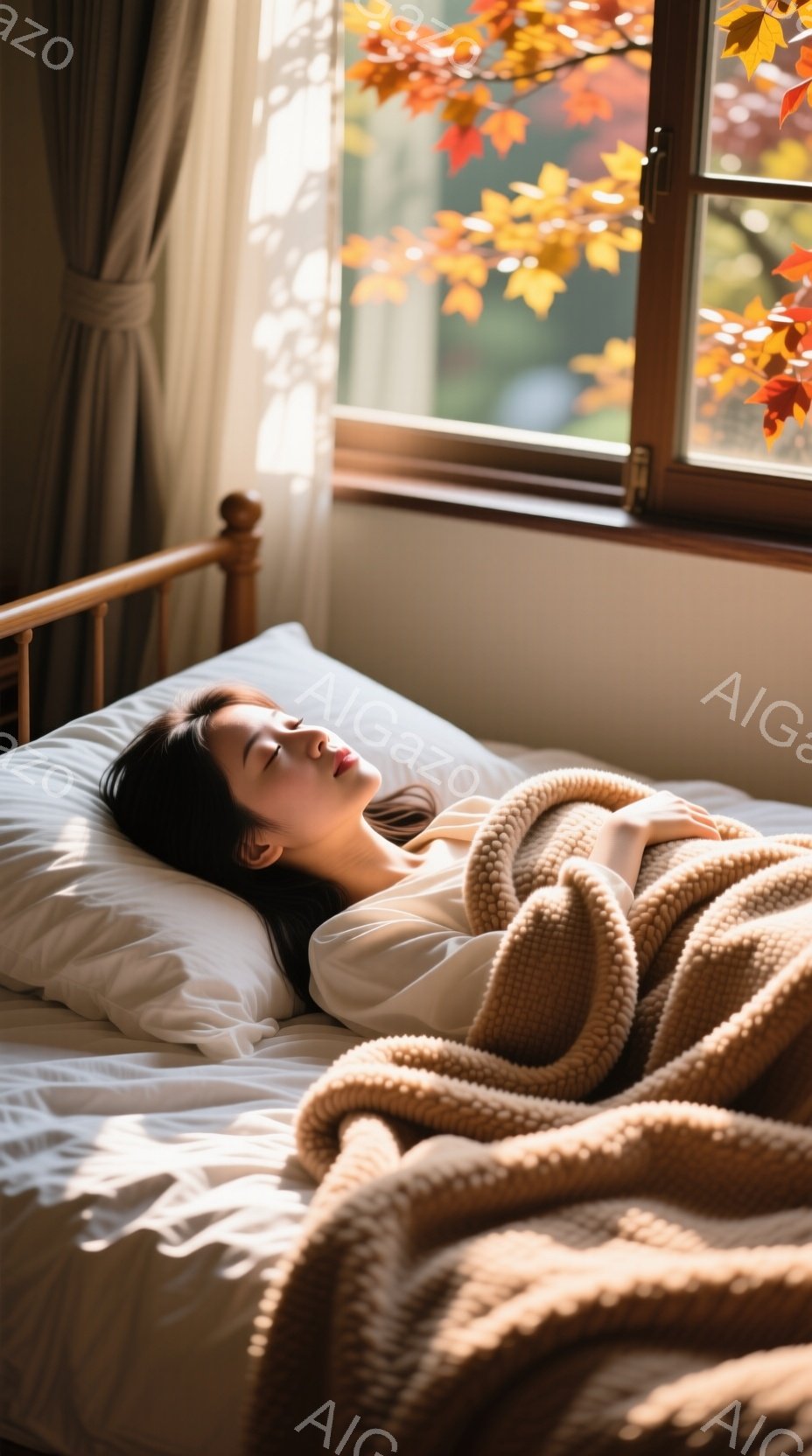 穏やかな日差しが差し込む部屋で、女性がベッドの上で目を閉じて横たわっています。白いシャツを着ており、長い黒髪が枕に広がり、リラックスした表情をしています。窓の外には鮮やかな紅葉が見え、部屋全体が温かく穏やかな雰囲気に包まれています。