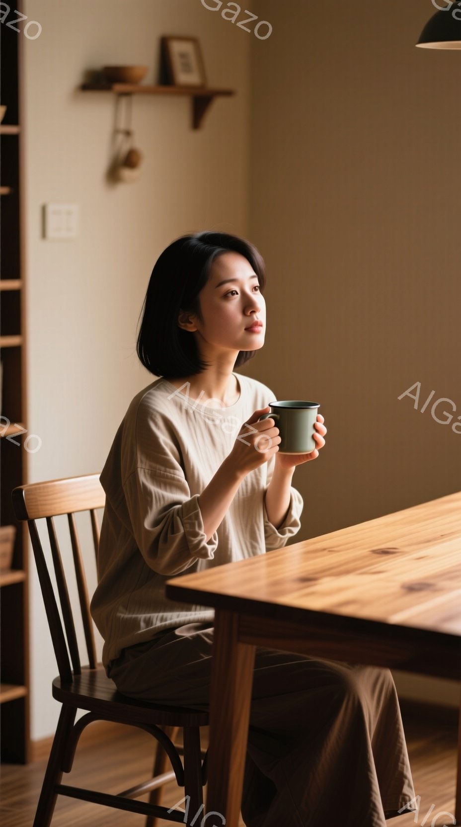 茶色のシンプルな長袖シャツとパンツを着た女性が、木の椅子に座ってカップを手に持っています。彼女は少し横を向き、何か考え込んでいるような表情で、暖かく落ち着いた室内でリラックスした時間を過ごしているようです。背景には木製の棚と柔らかな光が差し込み、穏やかな雰囲気を醸し出しています。