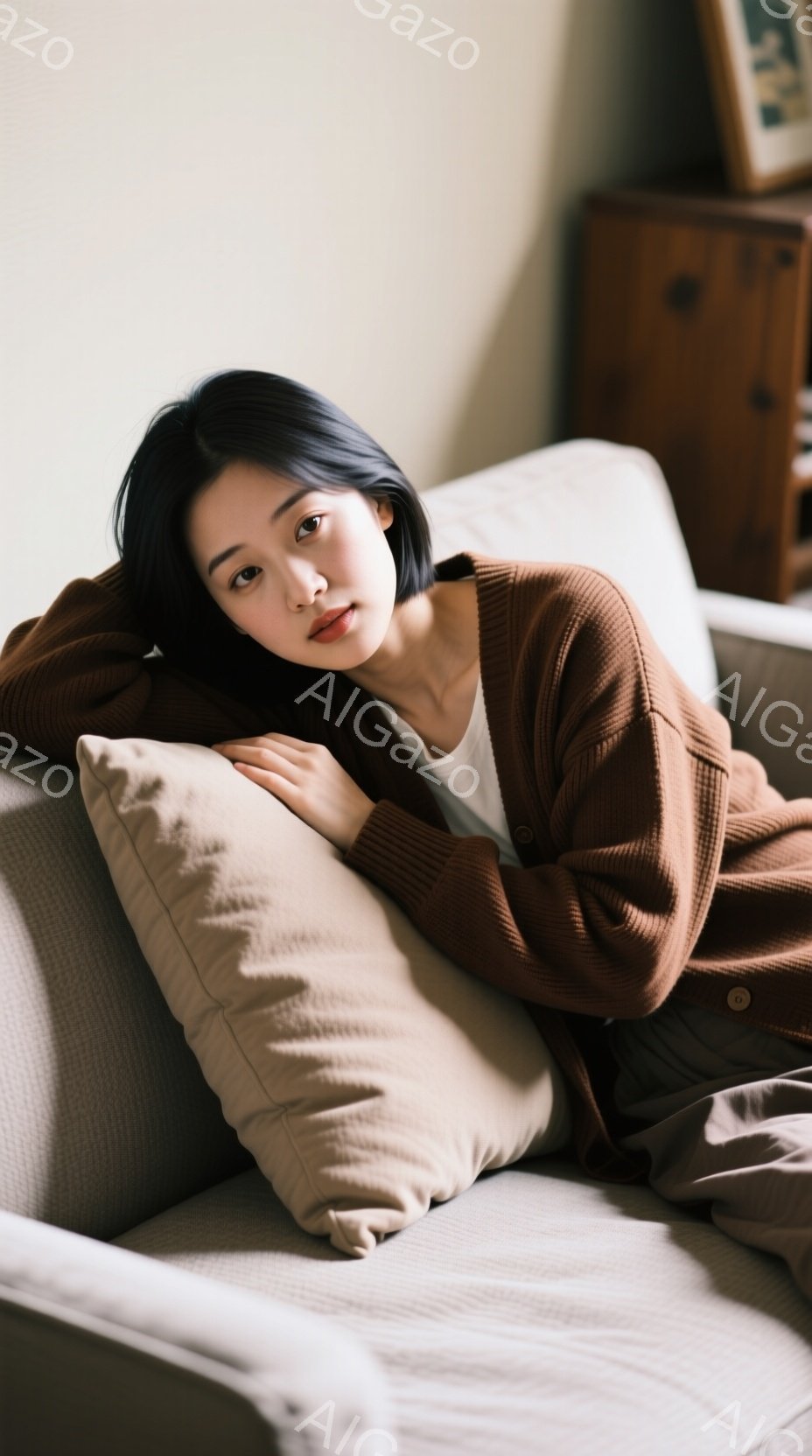 茶色のカーディガンを着た若い女性が、ベージュ色のソファに寄りかかって座っています。彼女は短い黒髪で、穏やかな表情をしており、リラックスした雰囲気を醸し出しています。背景には木製のキャビネットが見え、部屋全体が温かく落ち着いた雰囲気です。
