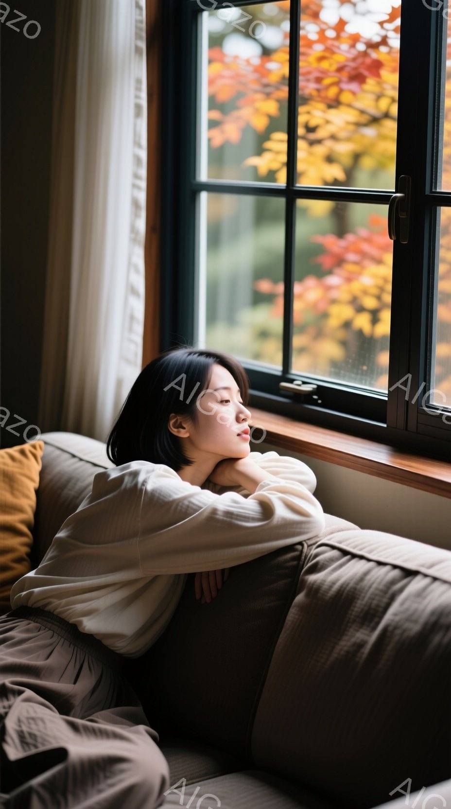 短い黒髪の女性が、クリーム色のオーバーサイズのシャツを着て、ソファに肘をついて座っています。彼女は窓の外の鮮やかな紅葉を見つめ、物思いにふけるような表情をしています。窓の外には緑豊かな木々と秋の紅葉が広がり、穏やかで落ち着いた雰囲気を醸し出しています。