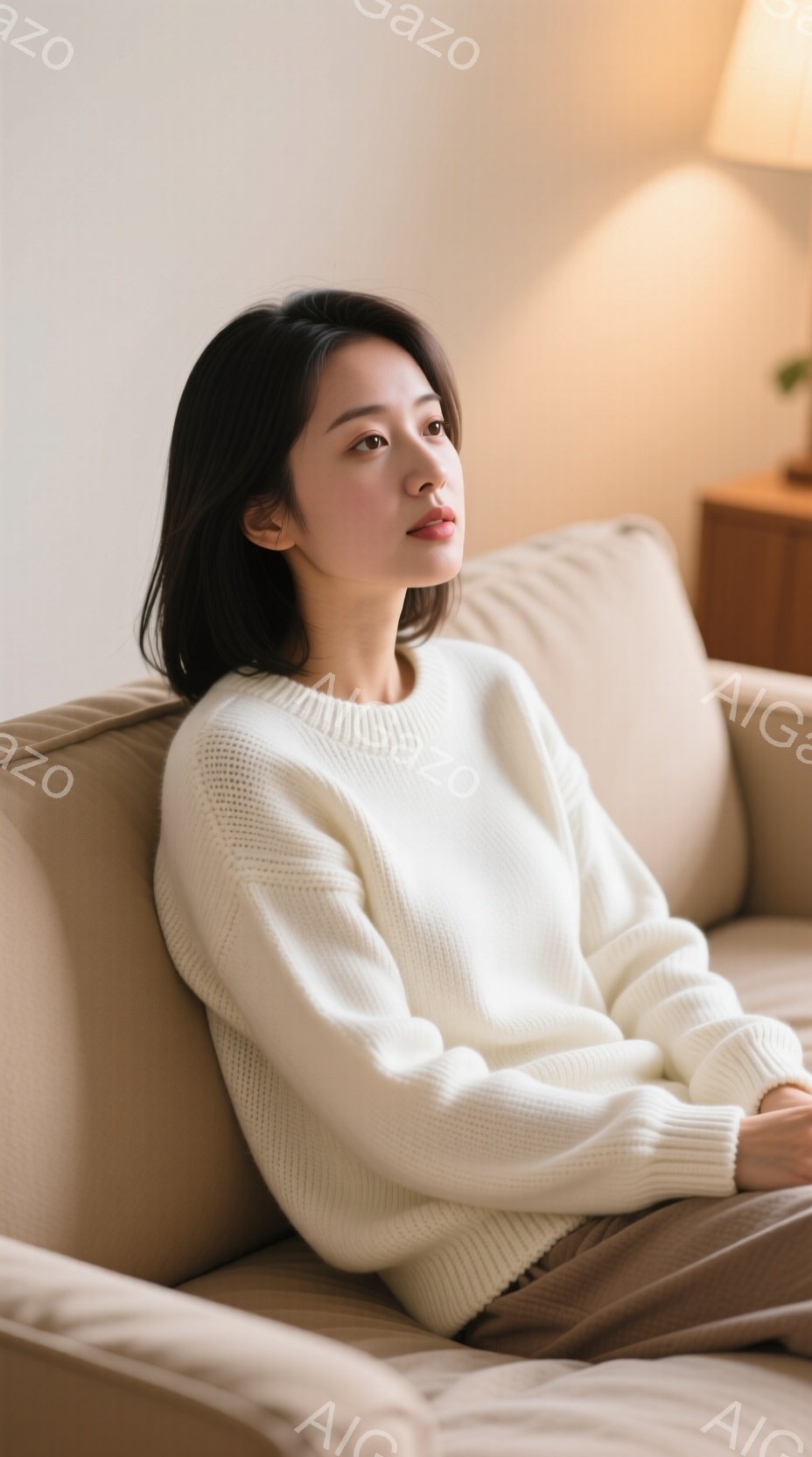 画像には、ベージュ色のソファに座った若い女性が写っています。彼女はオフホワイトのニットセーターとブラウンのパンツを着用し、ダークブラウンのストレートヘアをしています。彼女はリラックスしたポーズで、わずかに横を向き、穏やかな表情をしています。