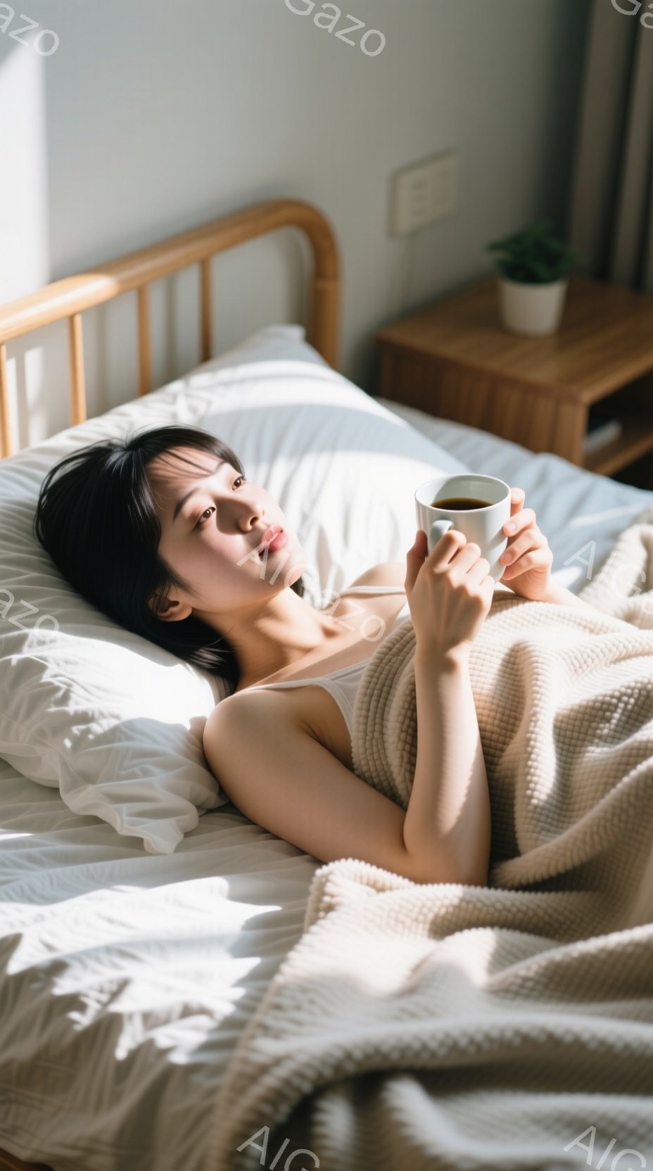 ベッドに横たわる女性が、湯呑みを手に微笑んでいます。短い黒髪で、白いタンクトップを着ており、穏やかな表情を浮かべています。背景には木製のナイトテーブルと植物が見え、光が差し込む暖かい室内で、リラックスした朝の雰囲気が漂っています。