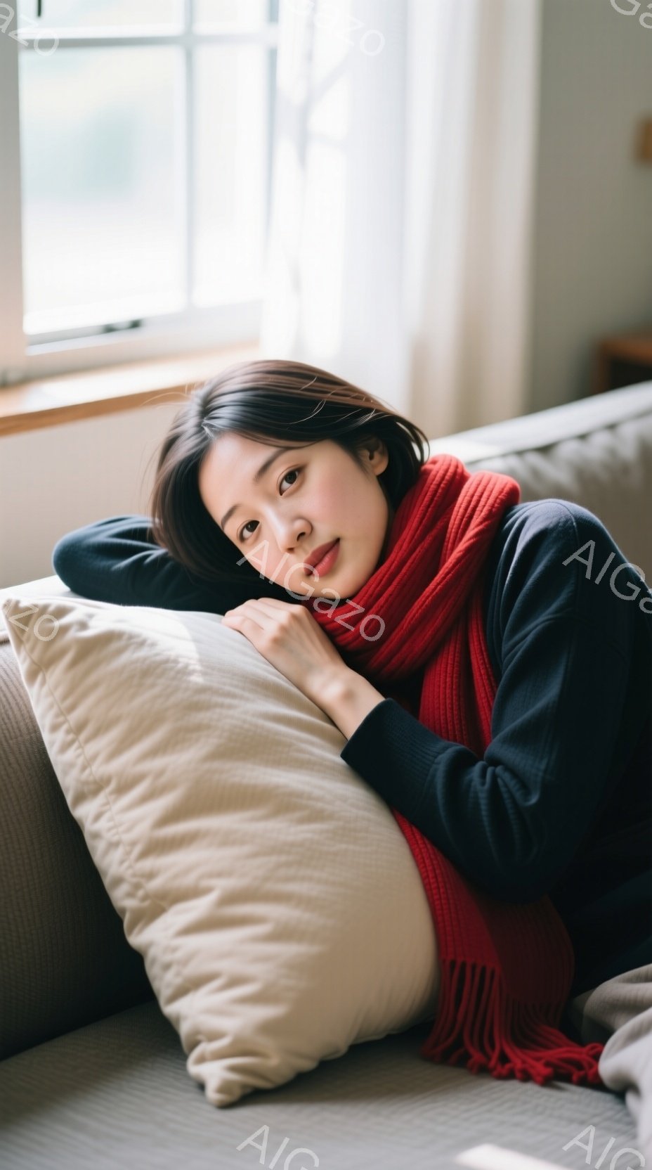 長い黒髪で、赤いマフラーを巻いた若い女性が、白いクッションの上に肘をついて横たわっています。彼女はリラックスした表情でカメラを見つめており、背景には窓とぼやけた屋外の風景が見えます。全体的に、暖かく穏やかな雰囲気の写真です。