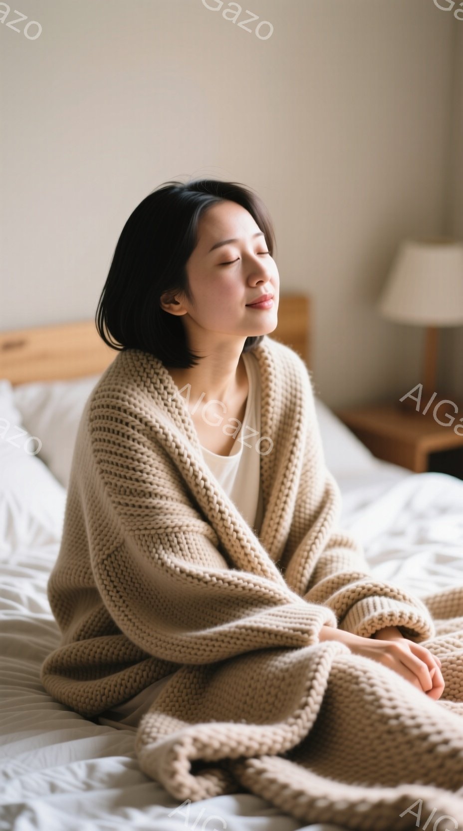 長い黒髪の女性が、ベージュ色のざっくりとした編み物のカーディガンを羽織り、ベッドの上に座っています。彼女は目を閉じ、穏やかな微笑みを浮かべており、リラックスした様子が伺えます。背景はシンプルな寝室で、暖色系の照明と白を基調とした内装が、温かく落ち着いた雰囲気を醸し出しています。