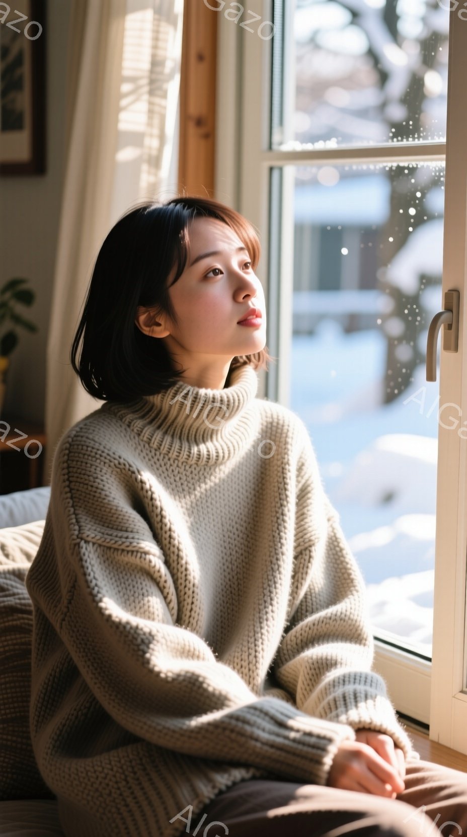 彼女はオフホワイトのざっくりとした編み物のセーターを着て、窓の外を見つめています。ダークブラウンのショートボブヘアで、やや物憂げな表情を浮かべています。背景には雪景色が見え、窓枠と白いカーテンが暖かく - AI生成フリー素材