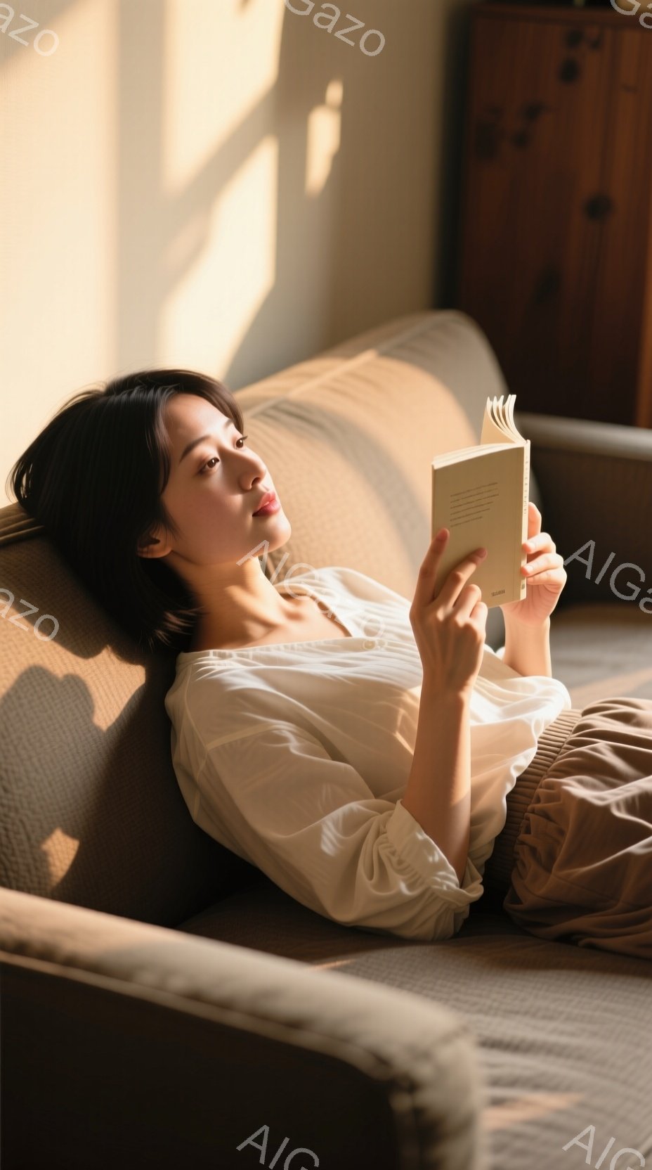 穏やかな日差しが差し込む部屋で、女性がソファーに横たわり本を読んでいます。彼女はオフホワイトのゆったりとしたブラウスを着ており、ダークブラウンの長い髪は自然に肩にかかっています。リラックスした表情で、読書に集中している様子がうかがえます。