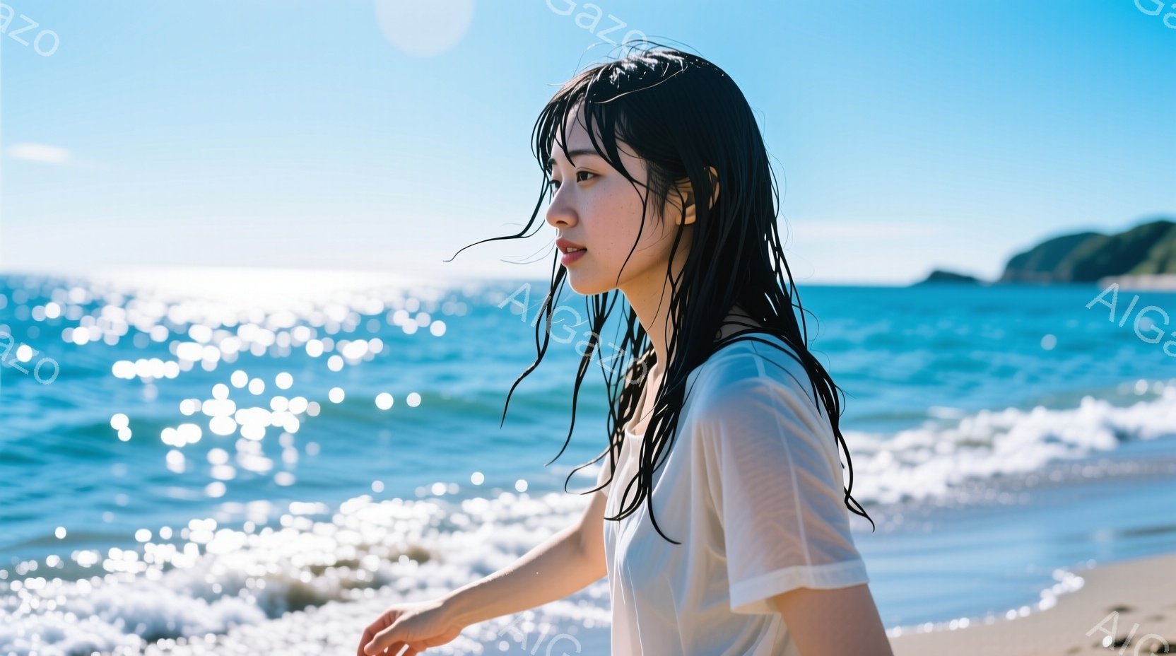 黒髪を濡らした女性が、白い半袖シャツを着て砂浜を歩いている。彼女は横顔で、少し微笑んでいるように見え、リラックスした雰囲気を漂わせている。背景には青い海と、遠くに見える緑の山々が広がり、晴れた空が広が - AI生成フリー素材