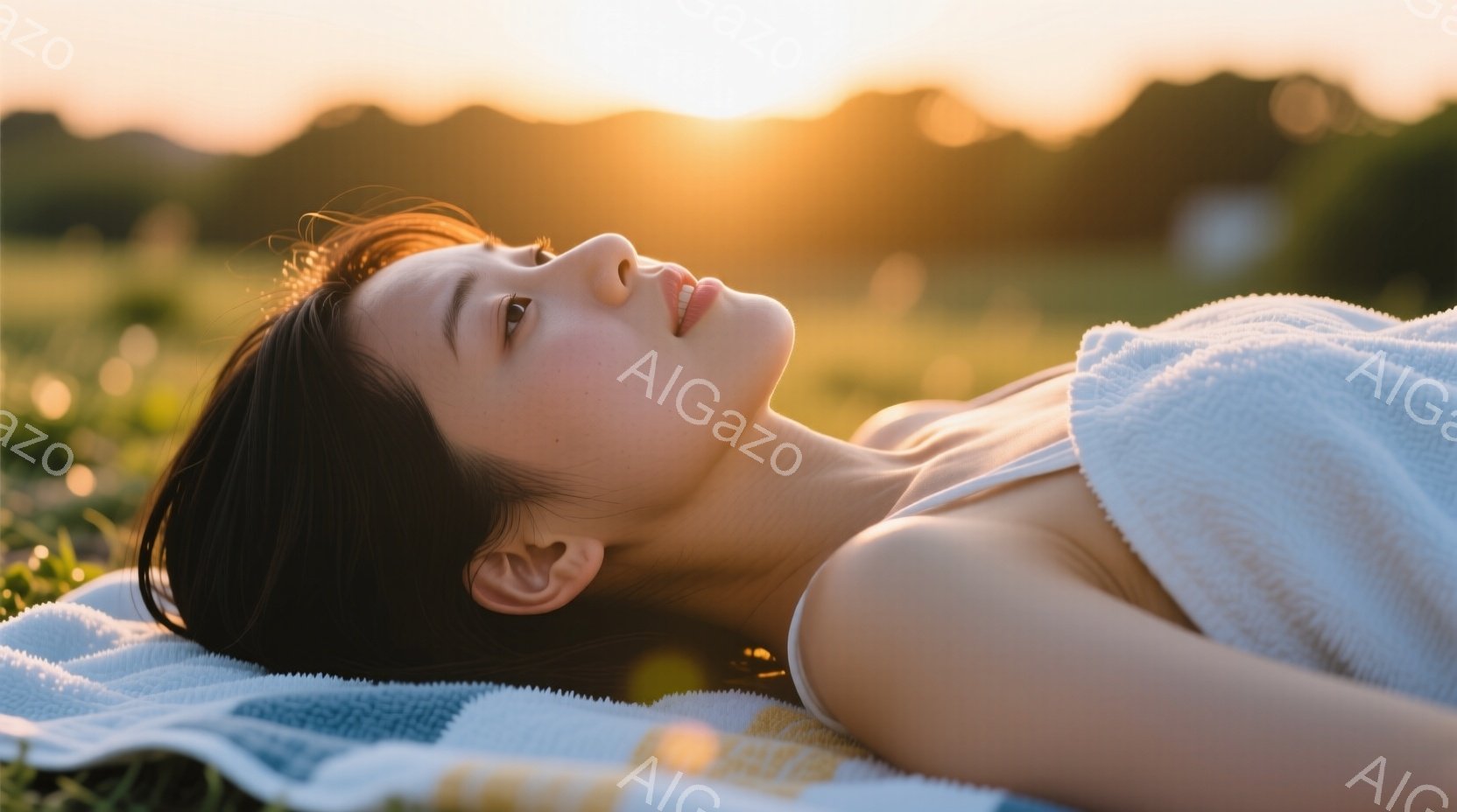 長い黒髪の女性が、青と黄色のストライプの敷物の上に仰向けに横たわっています。彼女は目を閉じて穏やかな表情をしており、リラックスした様子が伺えます。背景には緑の草地が広がり、夕焼けの暖かい光が差し込んで - AI生成フリー素材