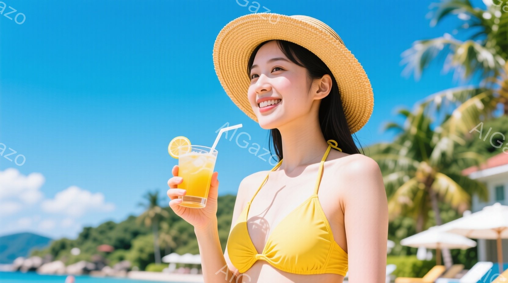 明るい笑顔の女性が、麦わら帽子を被り、オレンジ色のビキニを着ています。彼女は片手にオレンジジュースの入ったグラスを持ち、太陽の下でリラックスしたポーズをとっています。背景には青い海、白い砂浜、ヤシの木 - AI生成フリー素材
